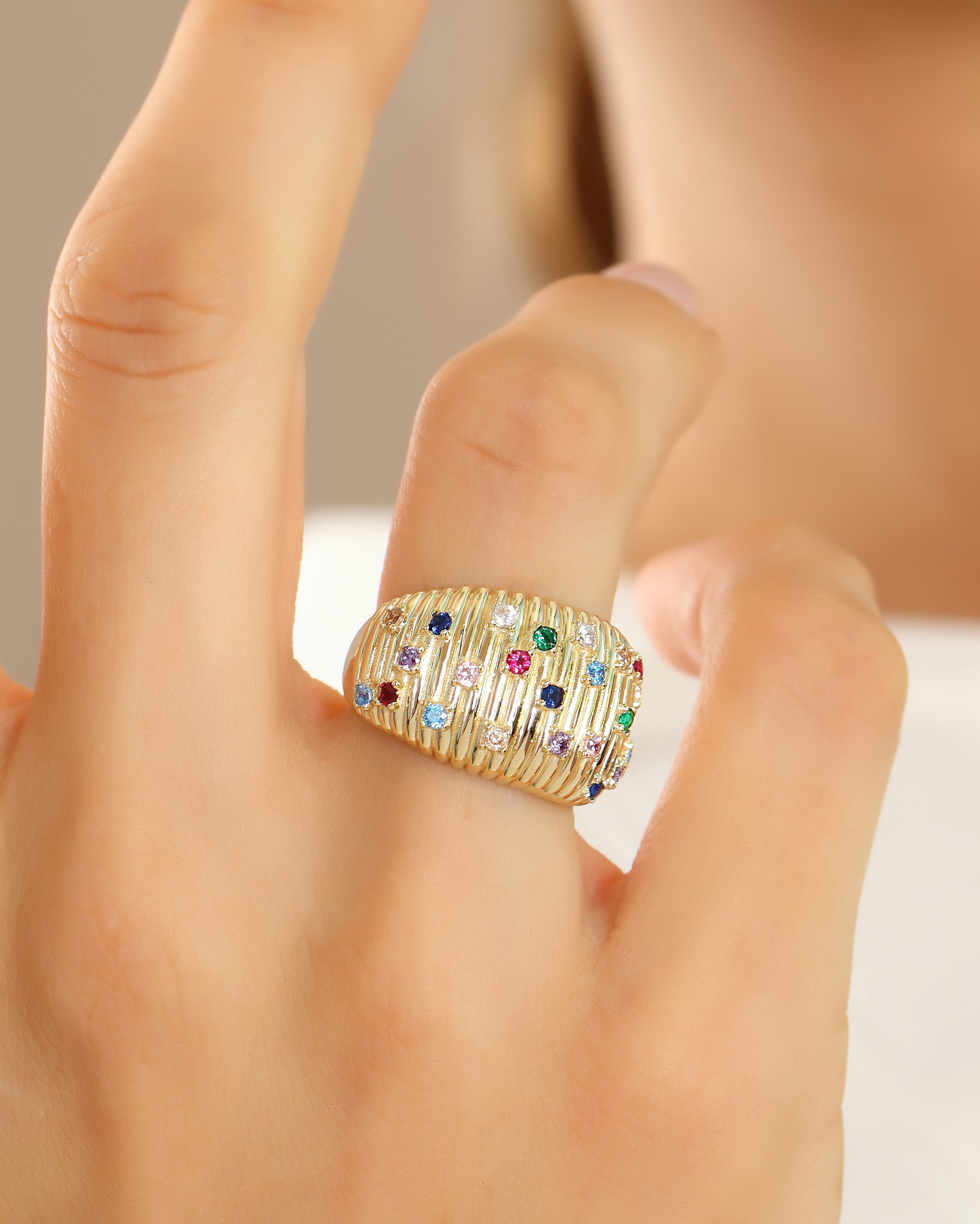 Rainbow Ribbed Birthstone Dome Ring