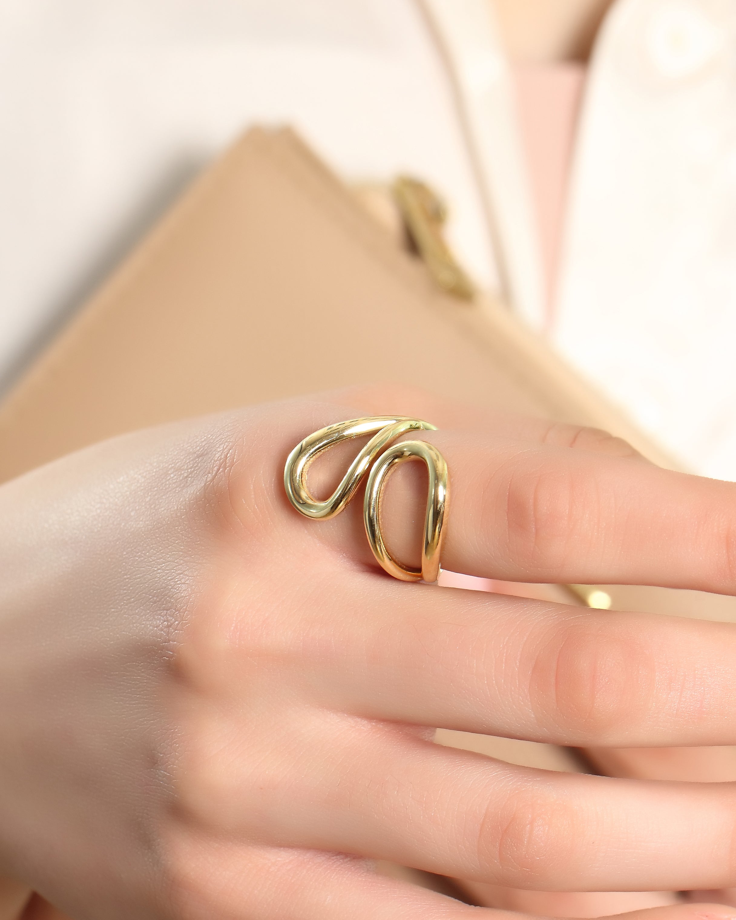 Solid Gold Double Loop Swirl Ring – Open Flowing Stacking Ring | 10K 14K 18K