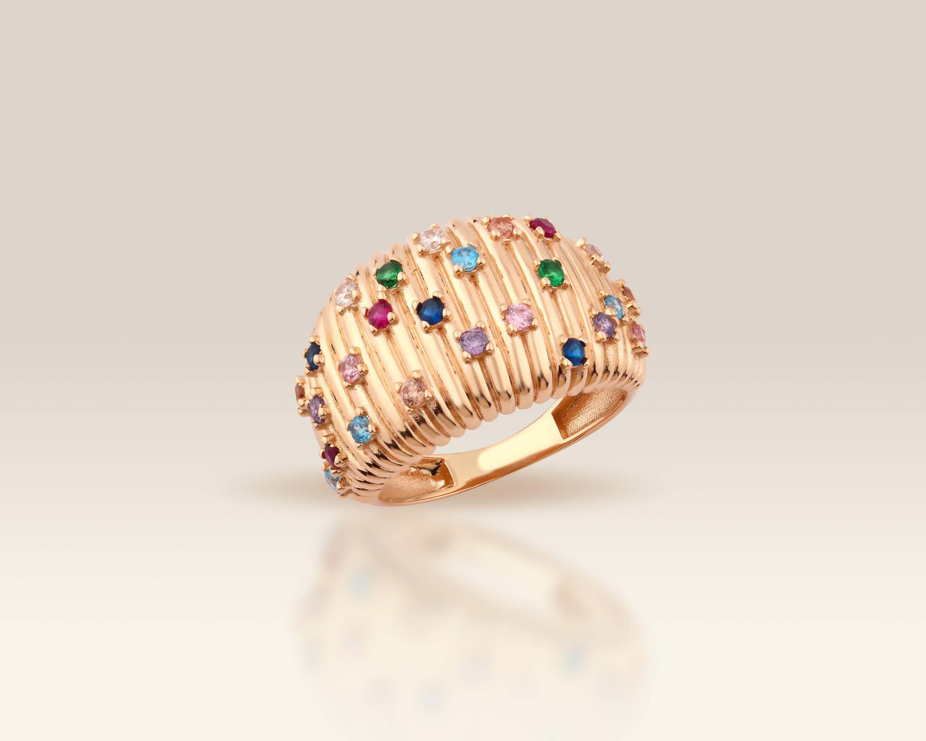 Rainbow Ribbed Birthstone Dome Ring