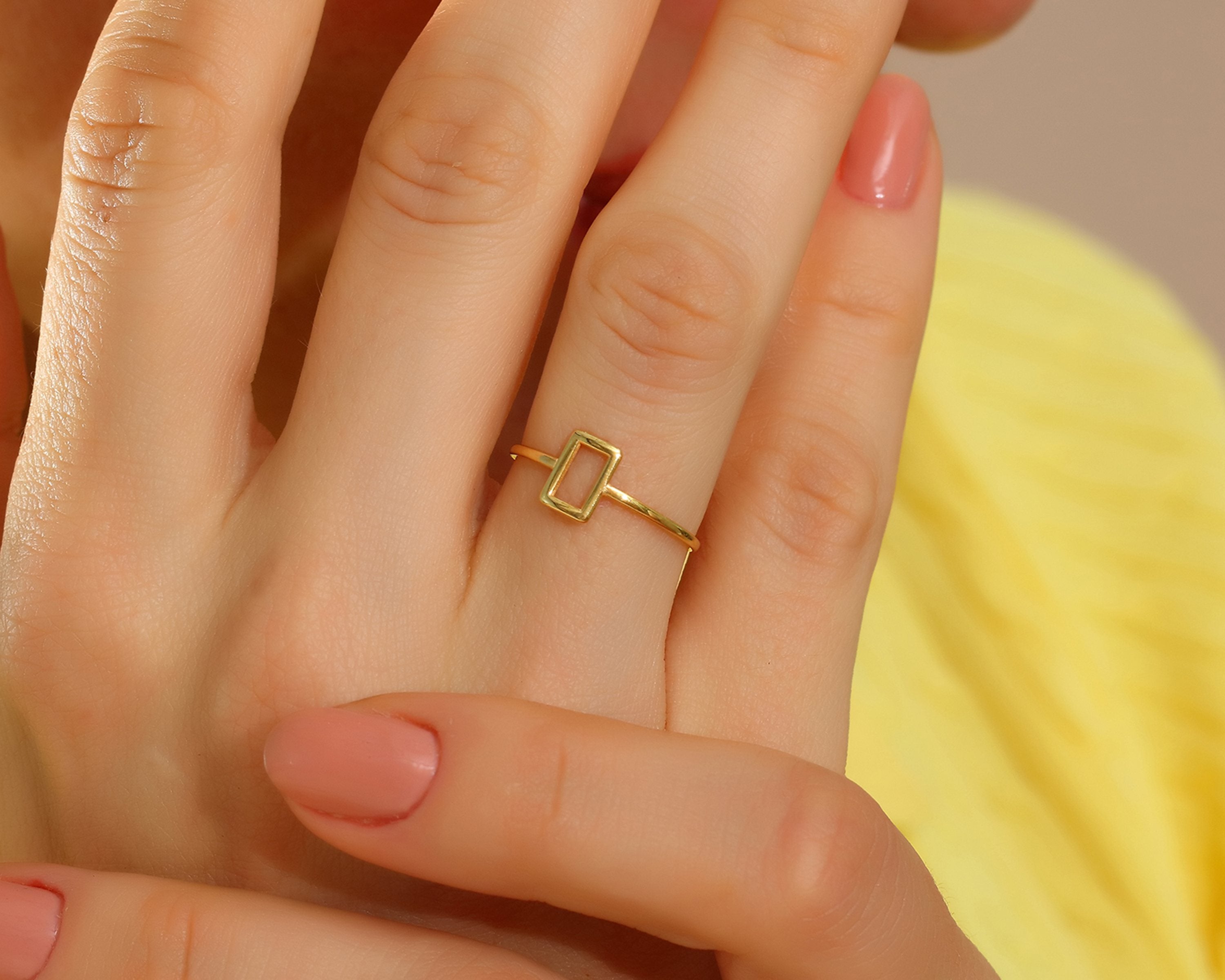 VIECLAT Solid Yellow Gold Open Rectangle Minimalist Ring
