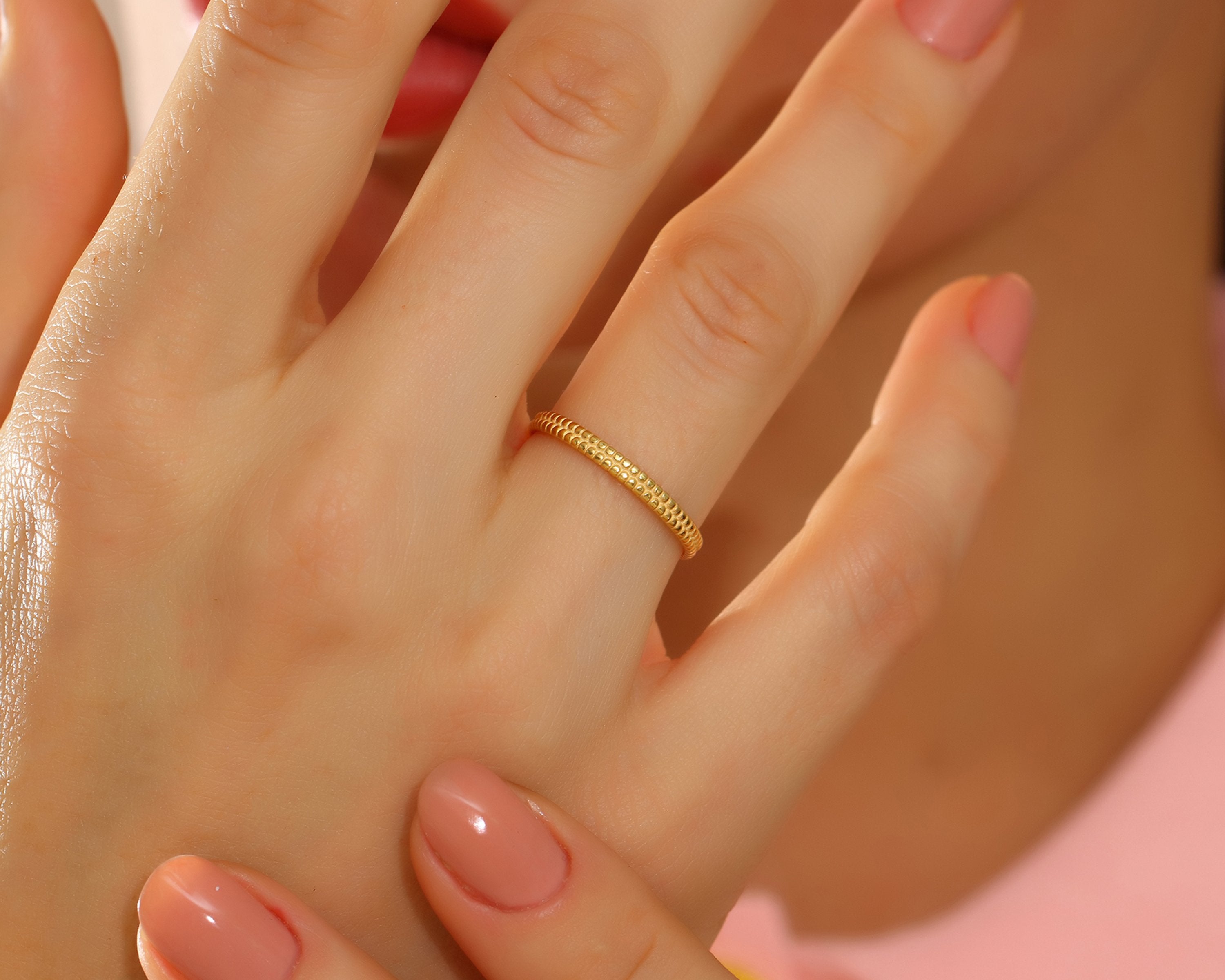 VIECLAT Solid Yellow Gold Beaded Stacking Band Ring