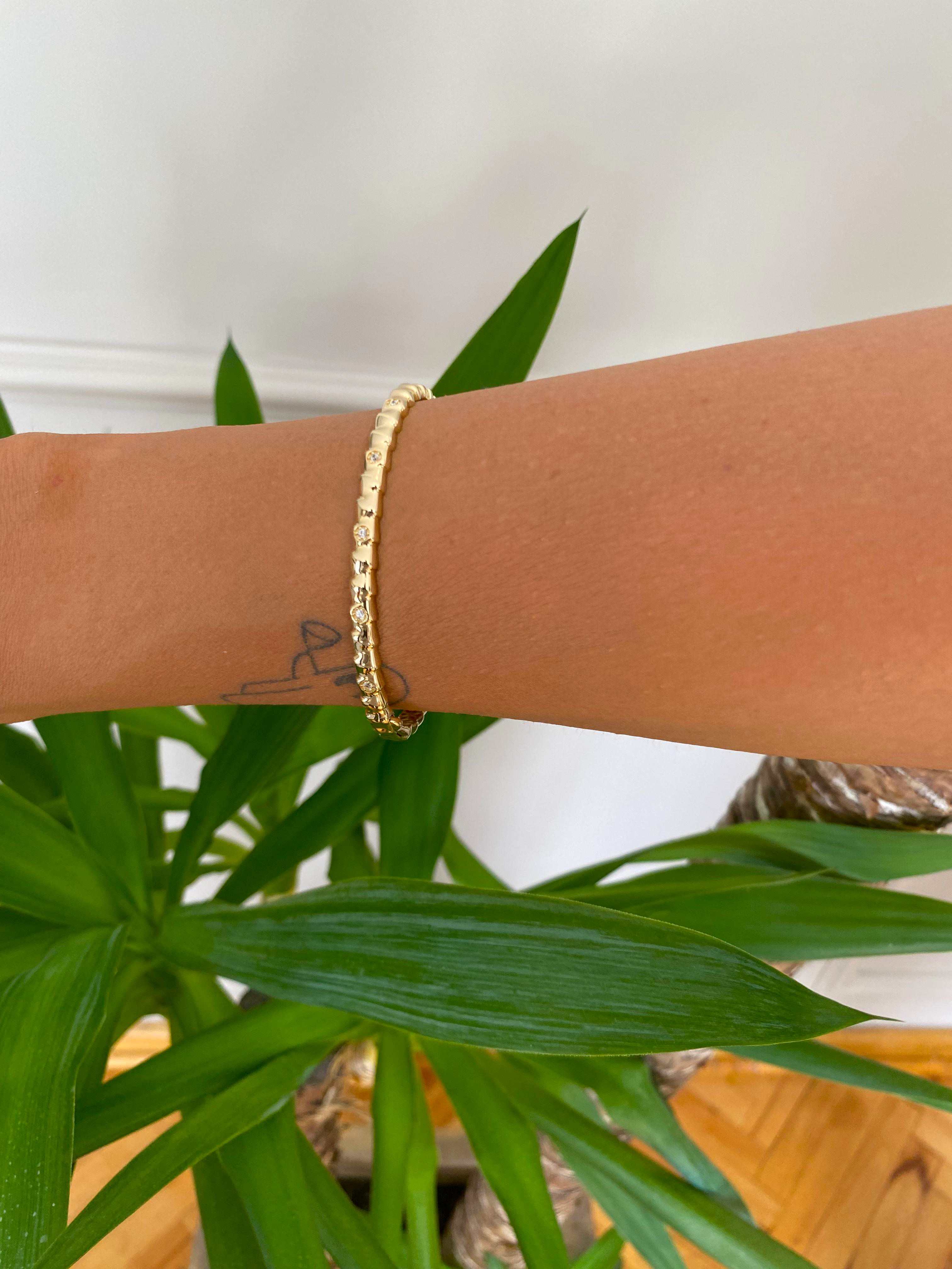 VIECLAT Solid Yellow Gold Diamond Cuff Bangle Bracelet