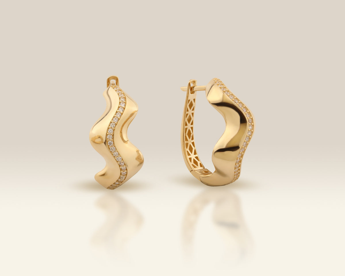 VIECLAT Solid Yellow Gold Diamond Wave Hoop Earrings
