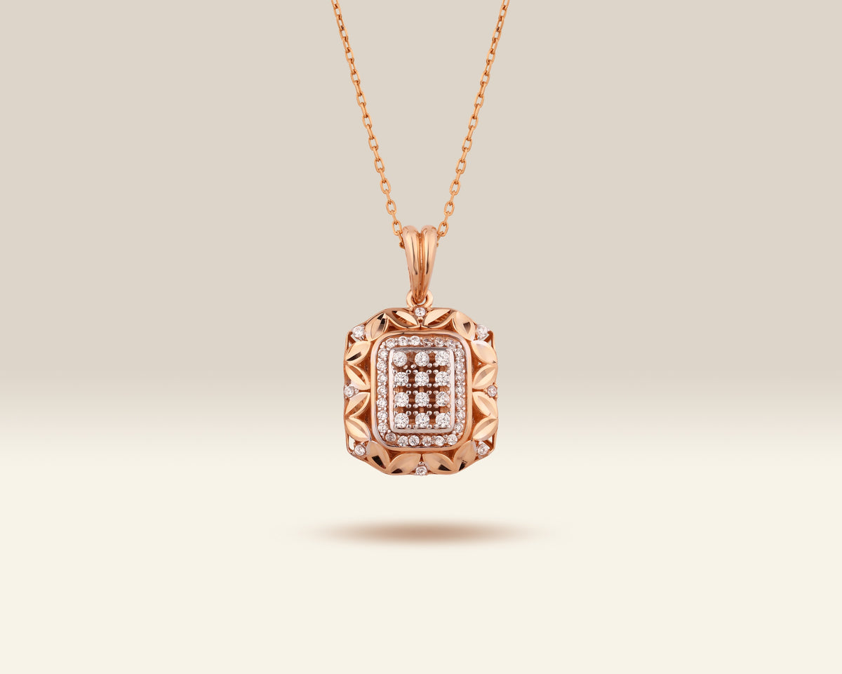 VIECLAT Solid Rose Gold Diamond Cluster Square Pendant Necklace