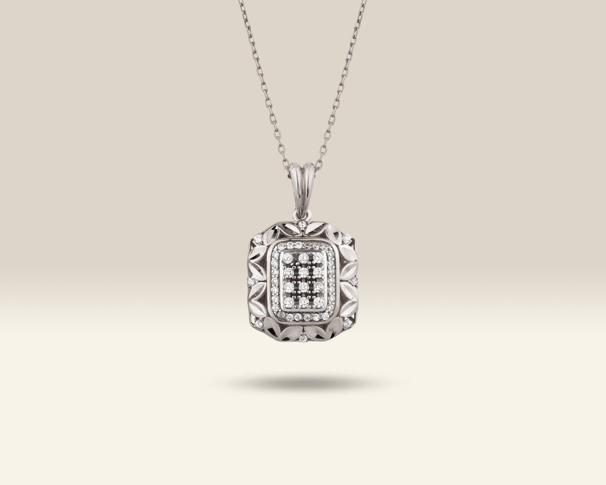 VIECLAT Solid White Gold Diamond Cluster Square Pendant Necklace