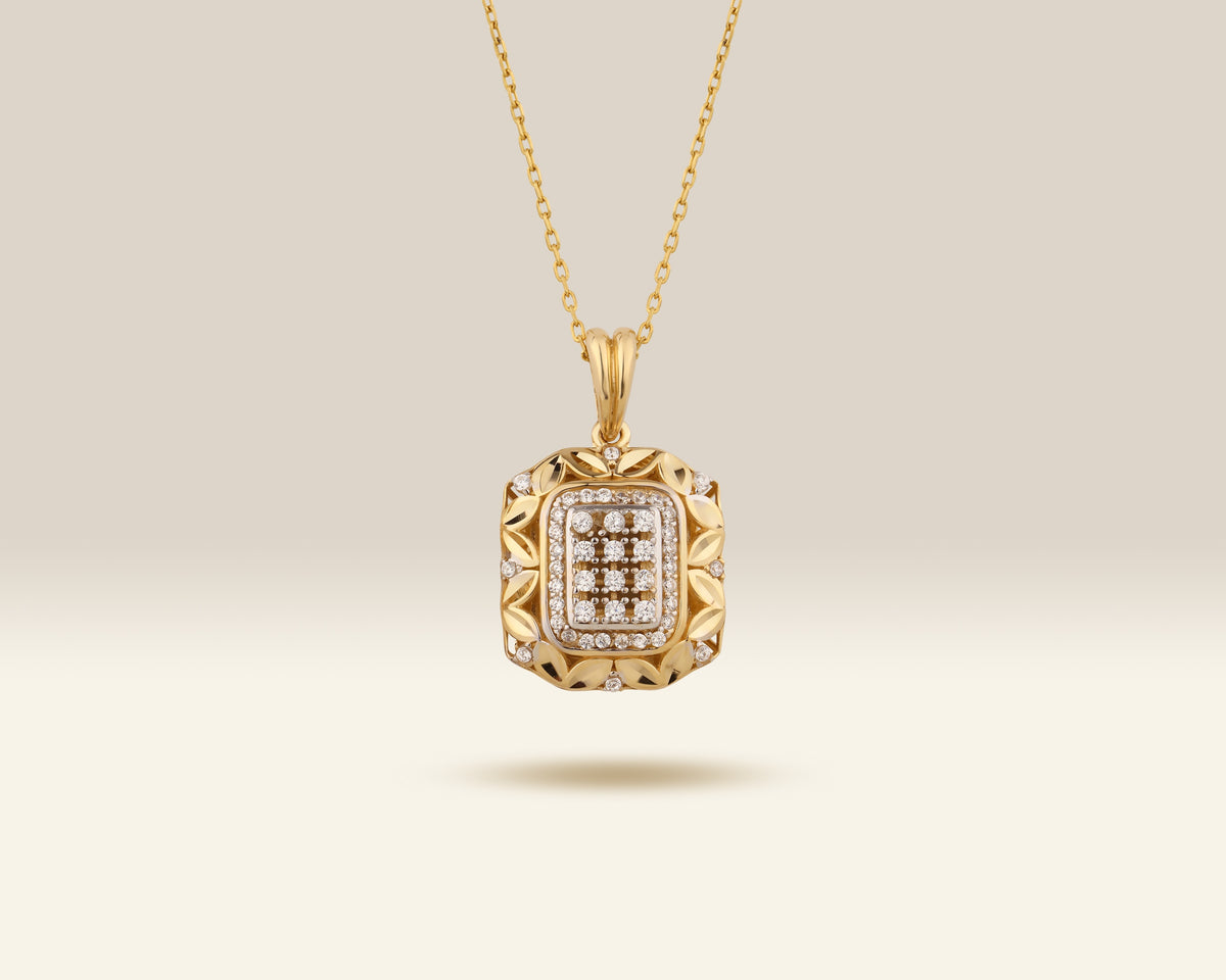 VIECLAT Solid Yellow Gold Diamond Cluster Square Pendant Necklace