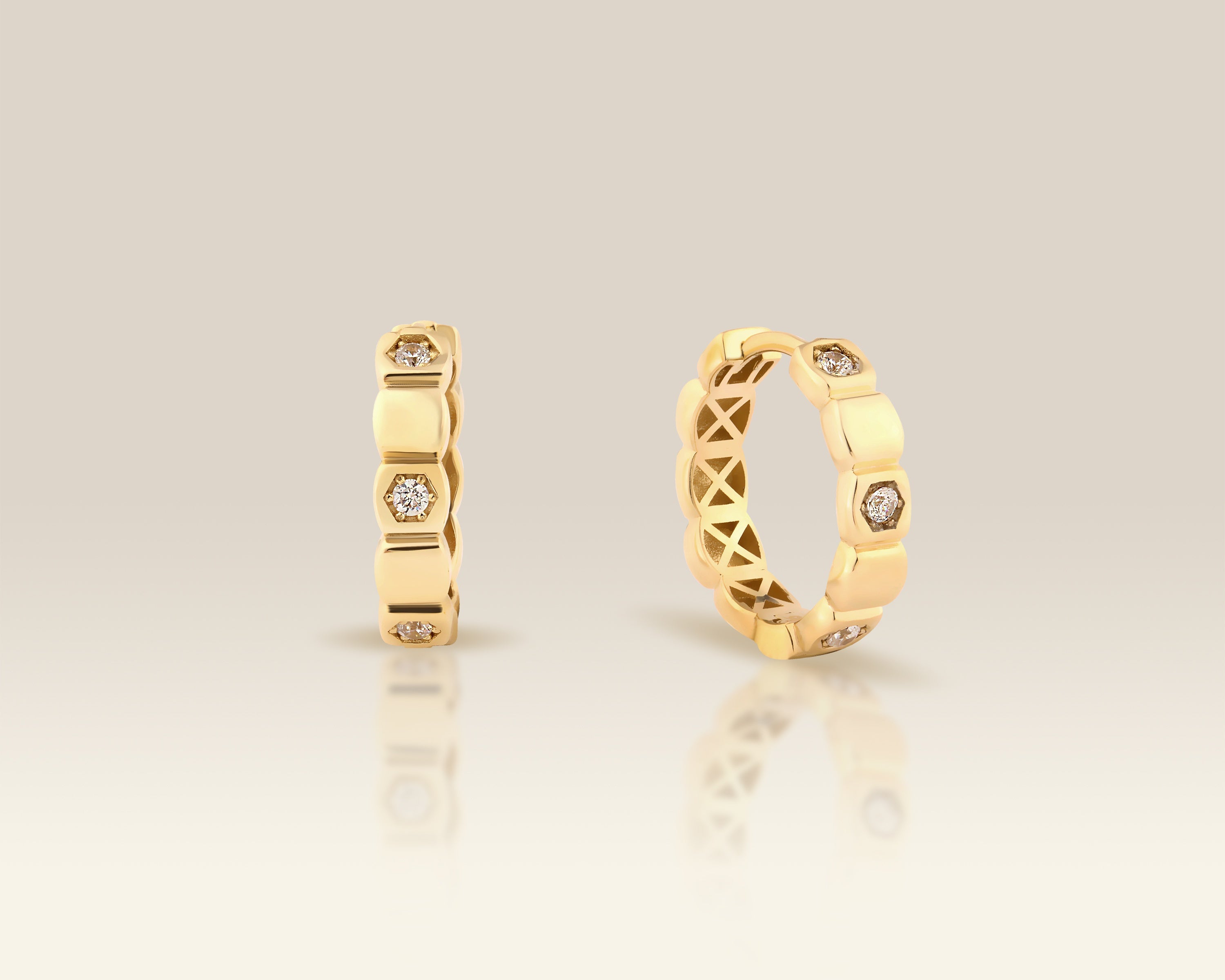 VIECLAT Solid Yellow Gold Diamond Hexagon Huggie Hoop Earrings
