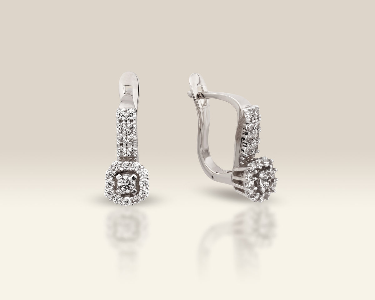 VIECLAT Solid White Gold Diamond Halo Drop Leverback Earrings