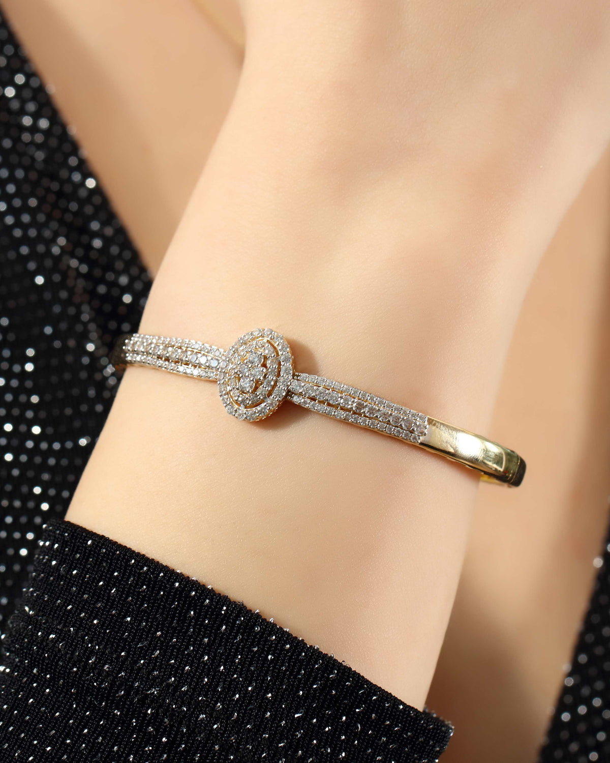 VIECLAT Solid Yellow Gold Diamond Halo Bangle On Wrist