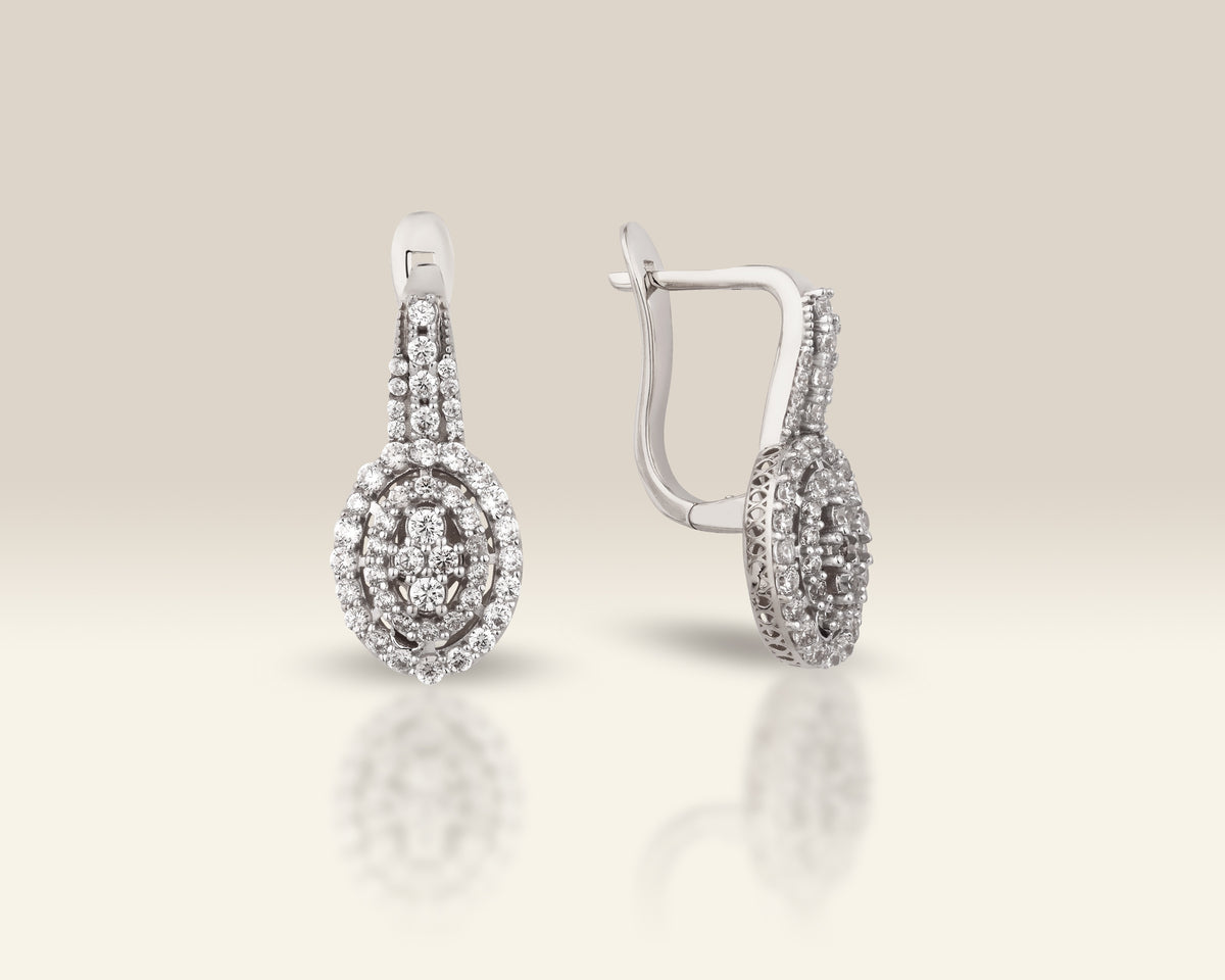 VIECLAT Solid White Gold Diamond Oval Halo Drop Earrings