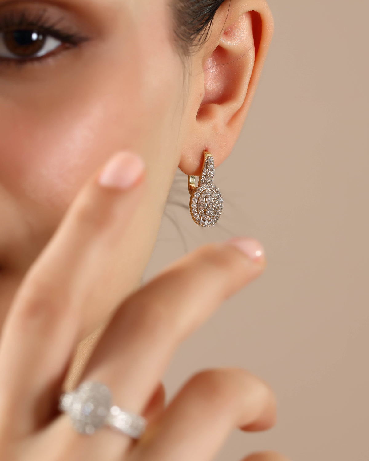 VIECLAT Solid Yellow Gold Diamond Oval Drop Earring Worn