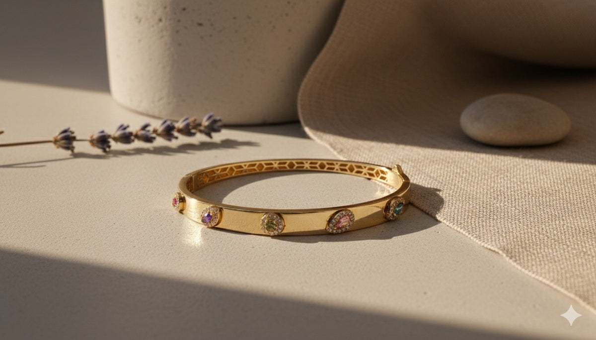 VIECLAT Solid Yellow Gold Multi Gemstone Bangle Bracelet