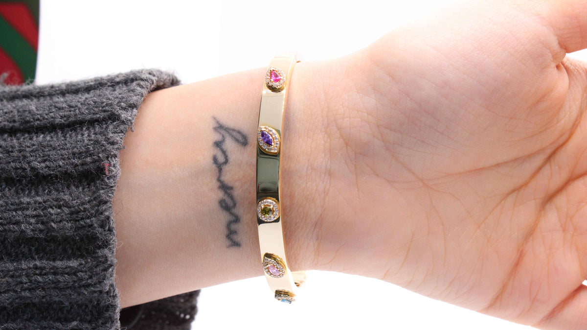 VIECLAT Solid Yellow Gold Multi Gemstone Bangle Bracelet