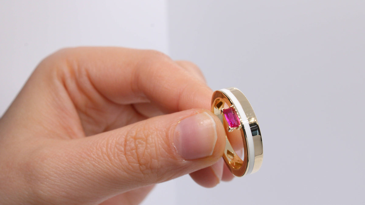 VIECLAT Solid Yellow Gold Ruby White Enamel Band Ring