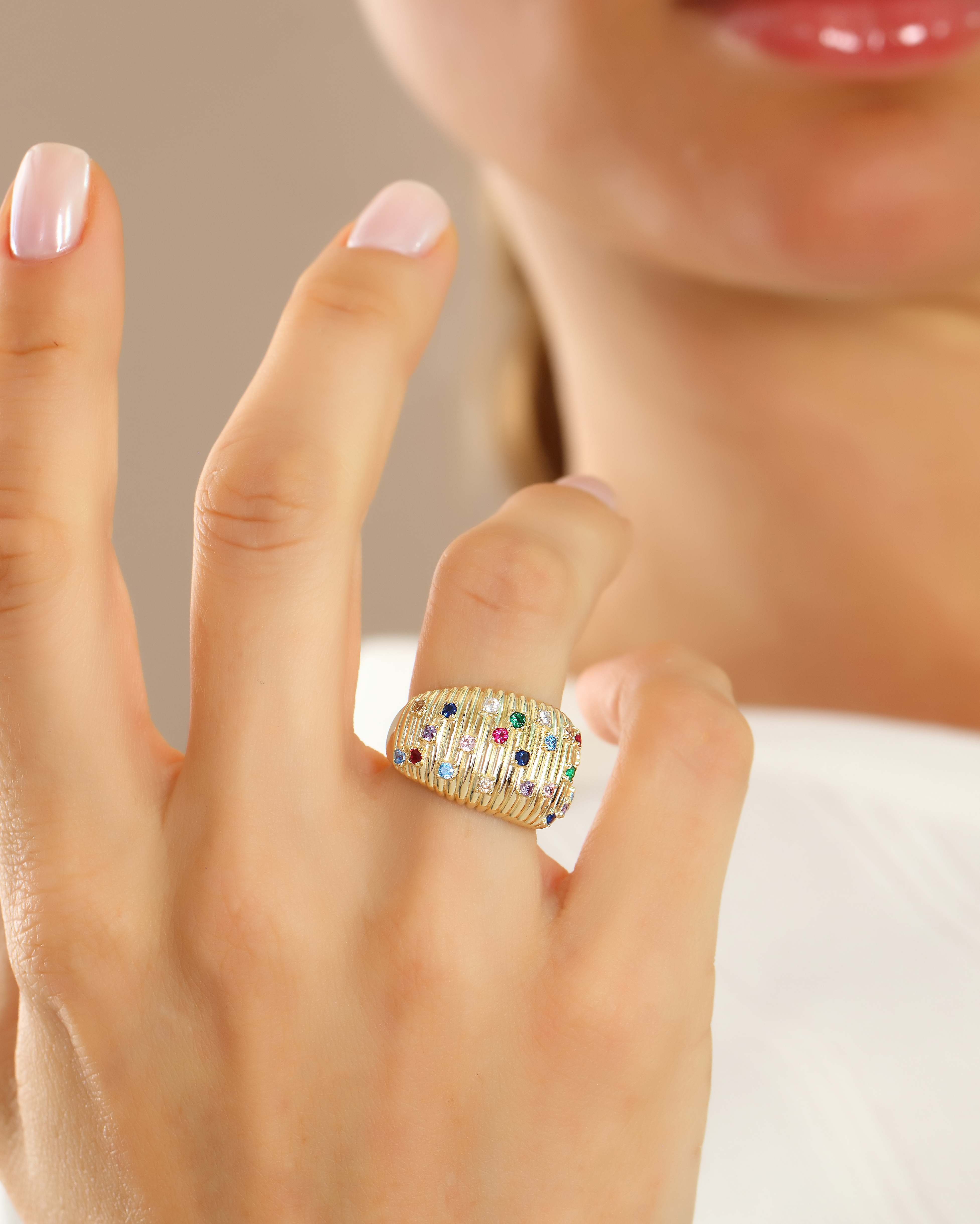 VIECLAT Solid Yellow Gold Multicolor Gemstone Dome Ring