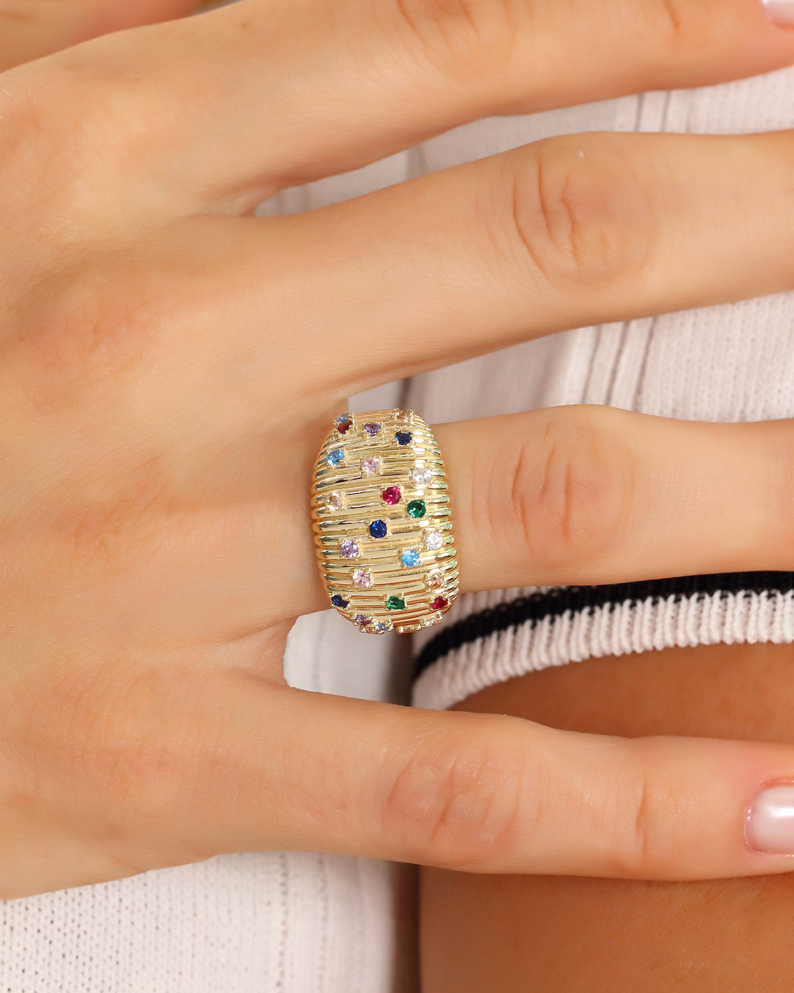 VIECLAT Solid Yellow Gold Multicolor Gemstone Dome Ring