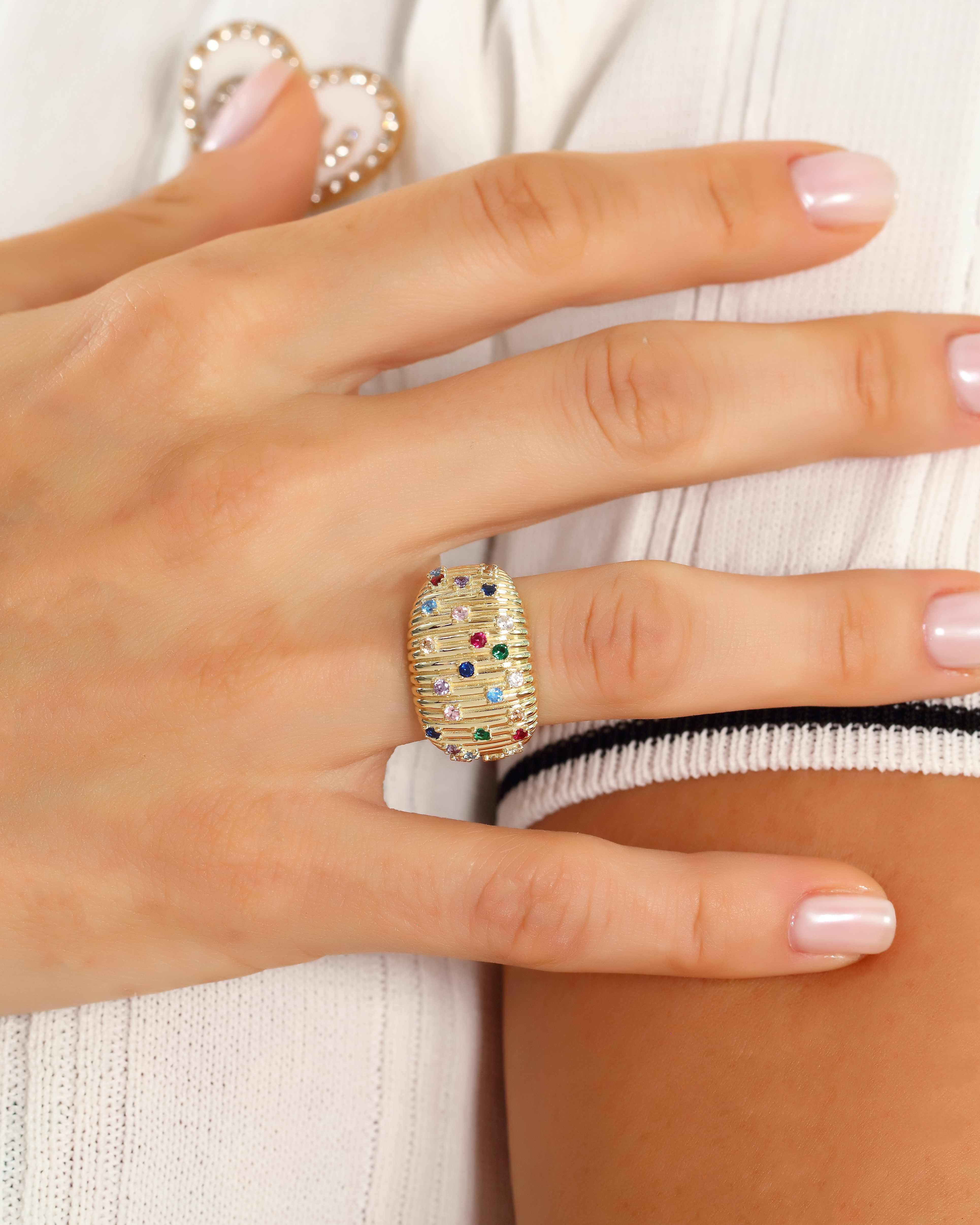 VIECLAT Solid Yellow Gold Multicolor Gemstone Dome Ring