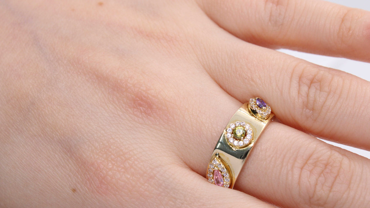 VIECLAT Solid Yellow Gold Multi Gemstone Halo Ring