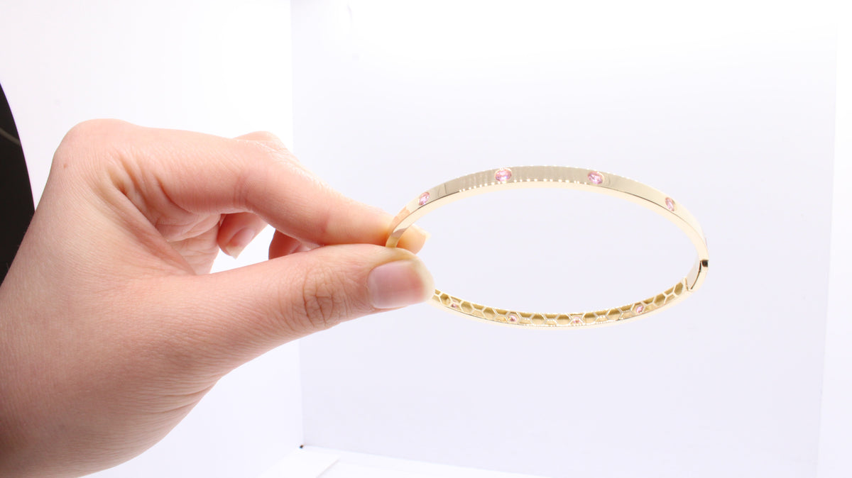 VIECLAT Solid Yellow Gold Pink Gemstone Hinged Bangle