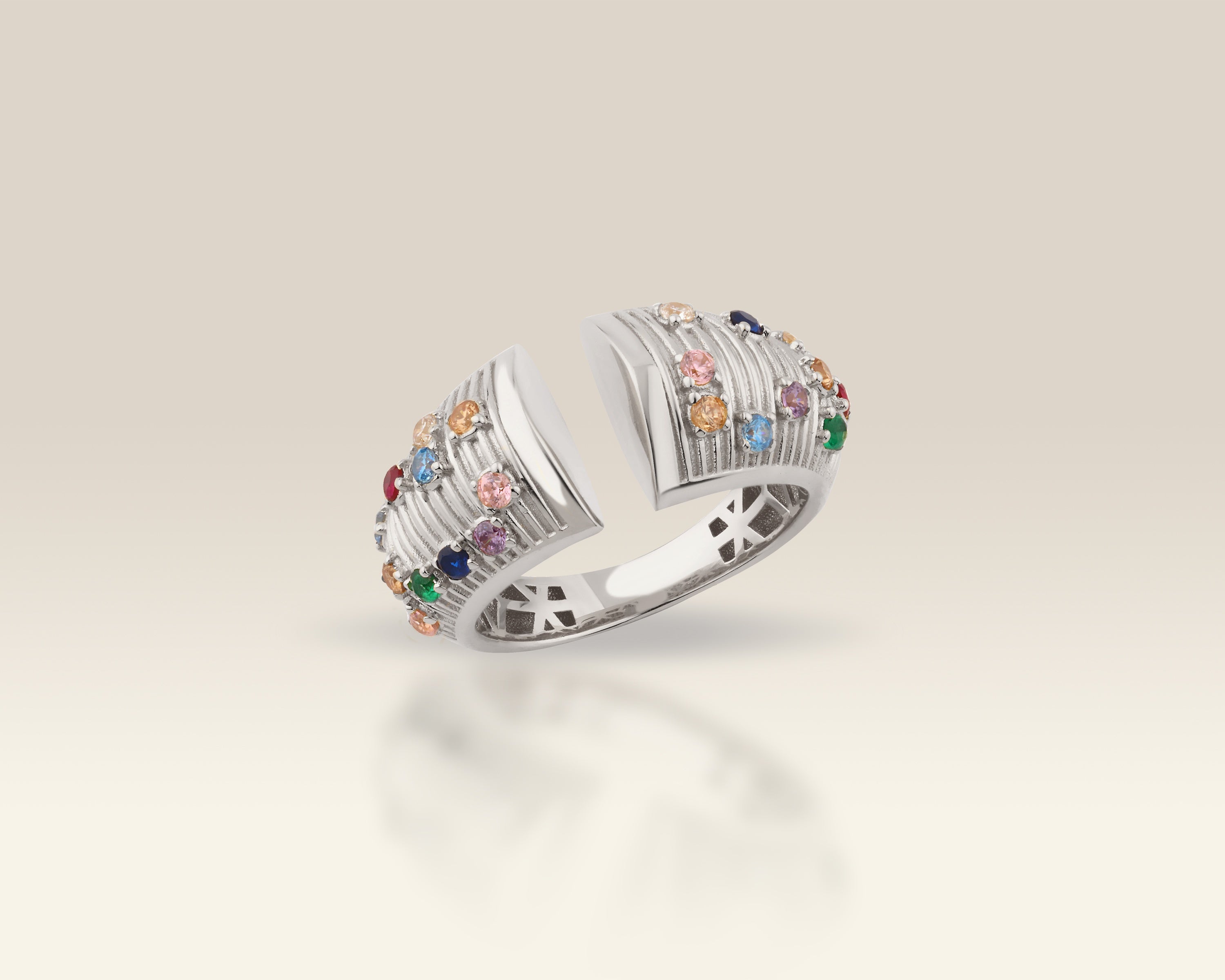 VIECLAT Solid White Gold Multicolor Gemstone Open Bypass Ring