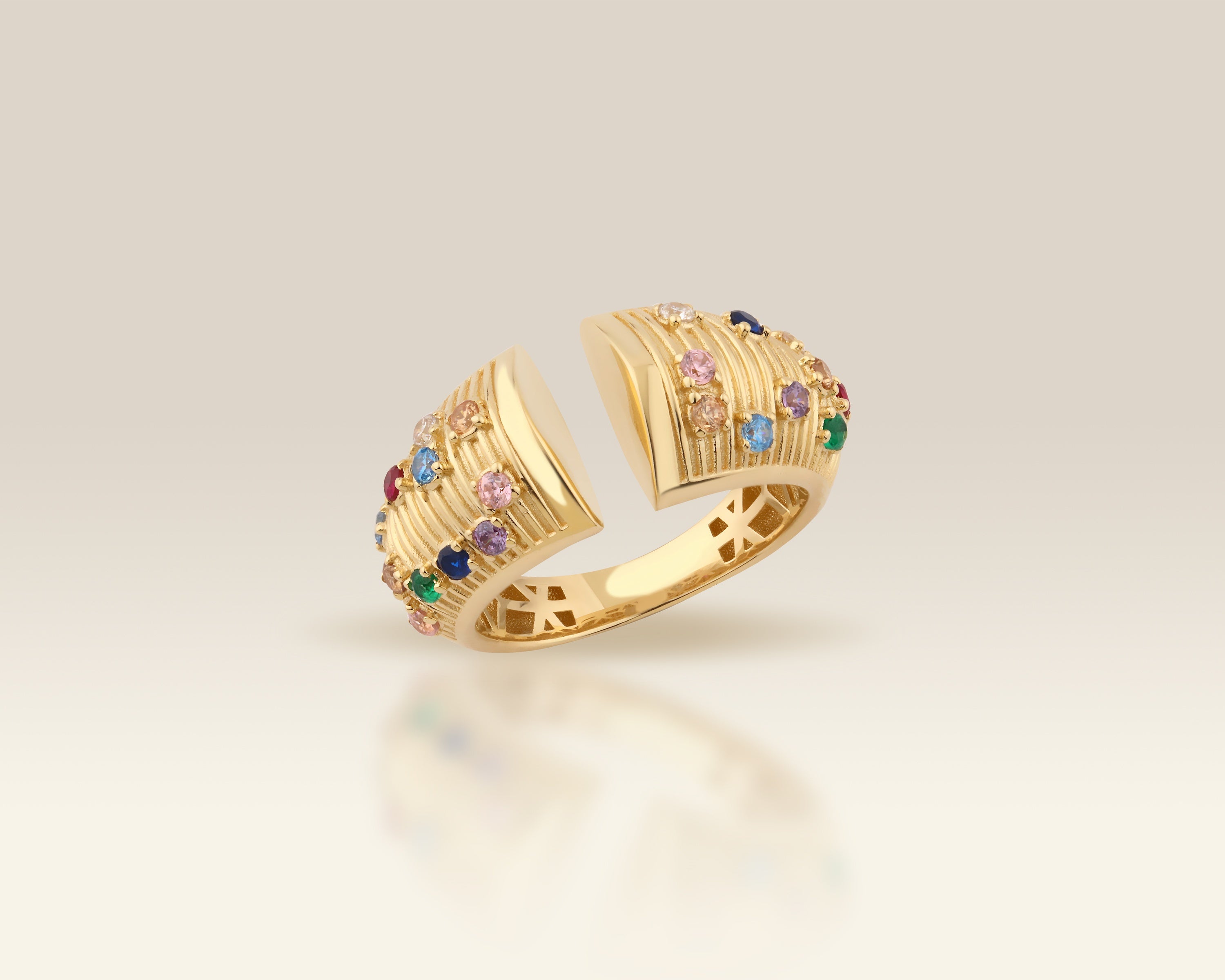 VIECLAT Solid Yellow Gold Multicolor Gemstone Open Bypass Ring