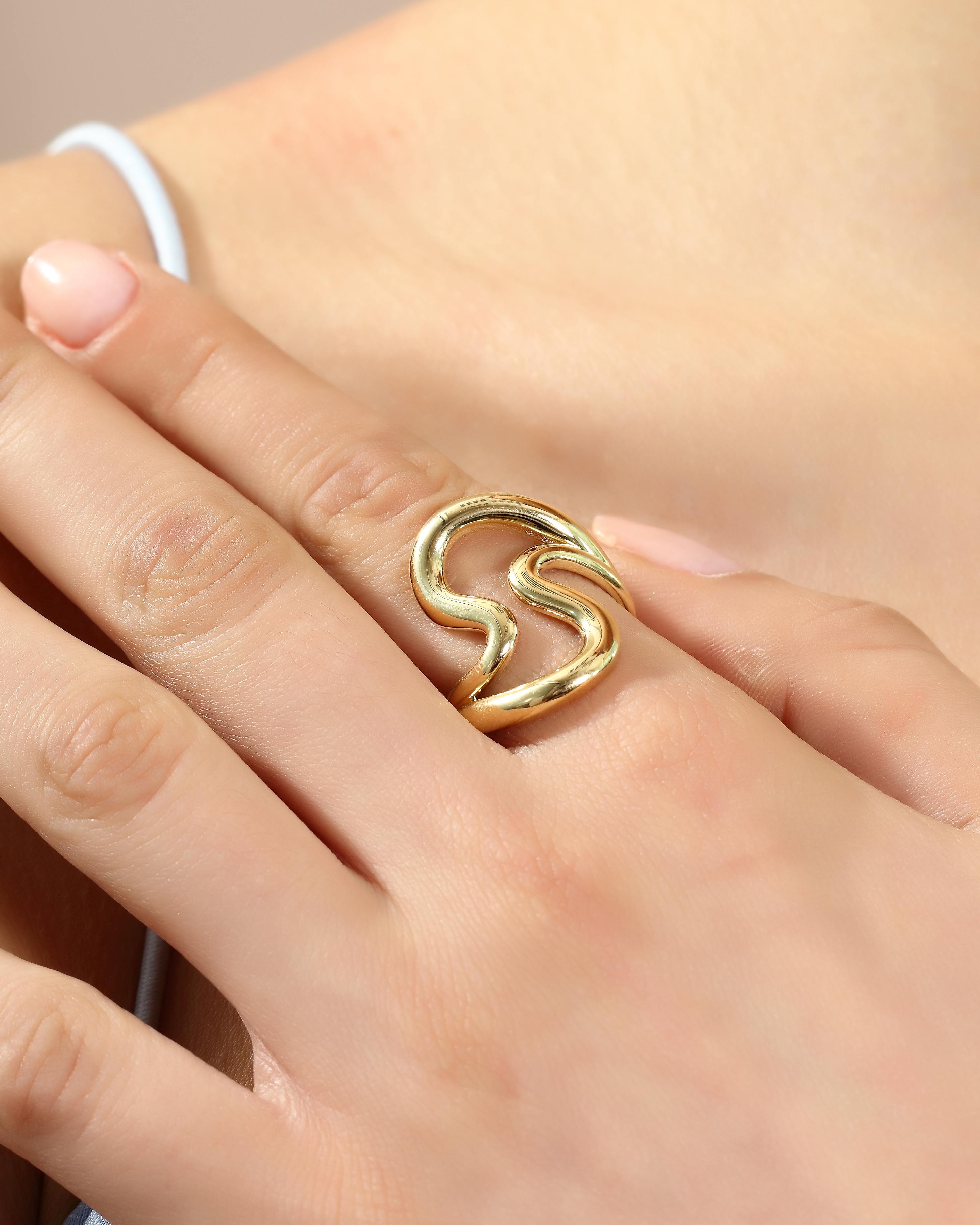 VIECLAT Solid Yellow Gold Wave Swirl Ring Worn Finger