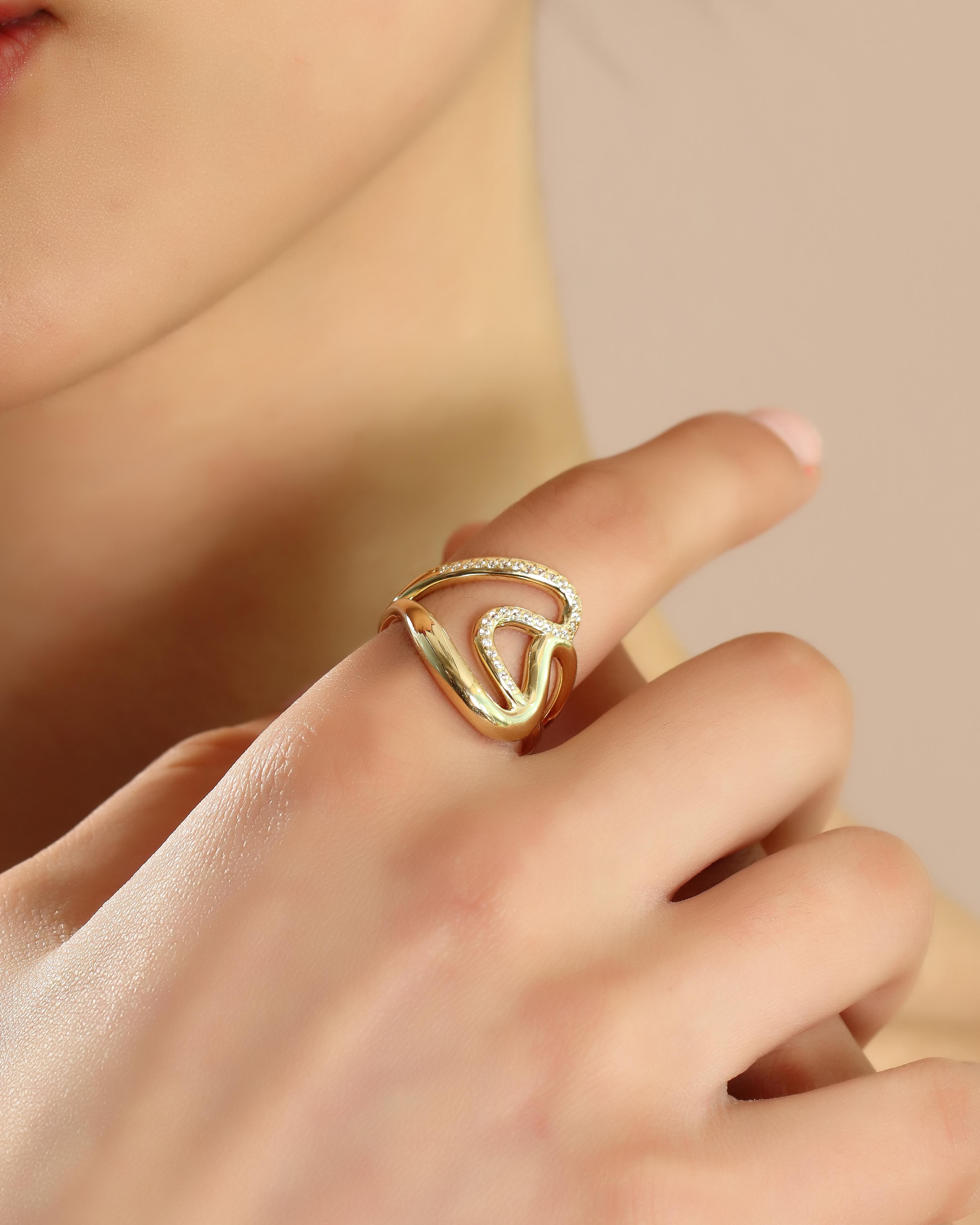 VIECLAT Solid Yellow Gold Pavé Double Heart Ring Worn