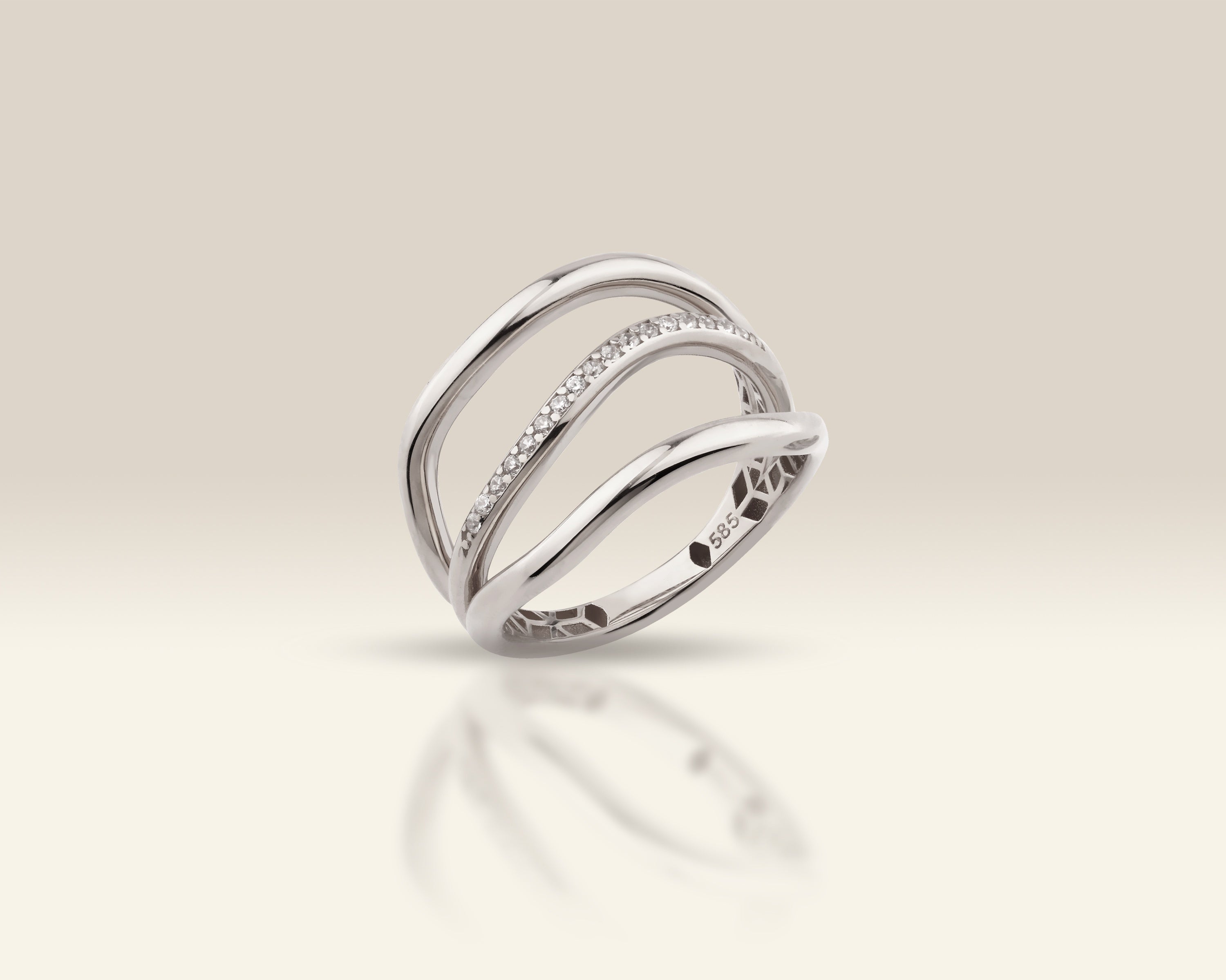 VIECLAT Solid White Gold Diamond Triple Band Wave Ring