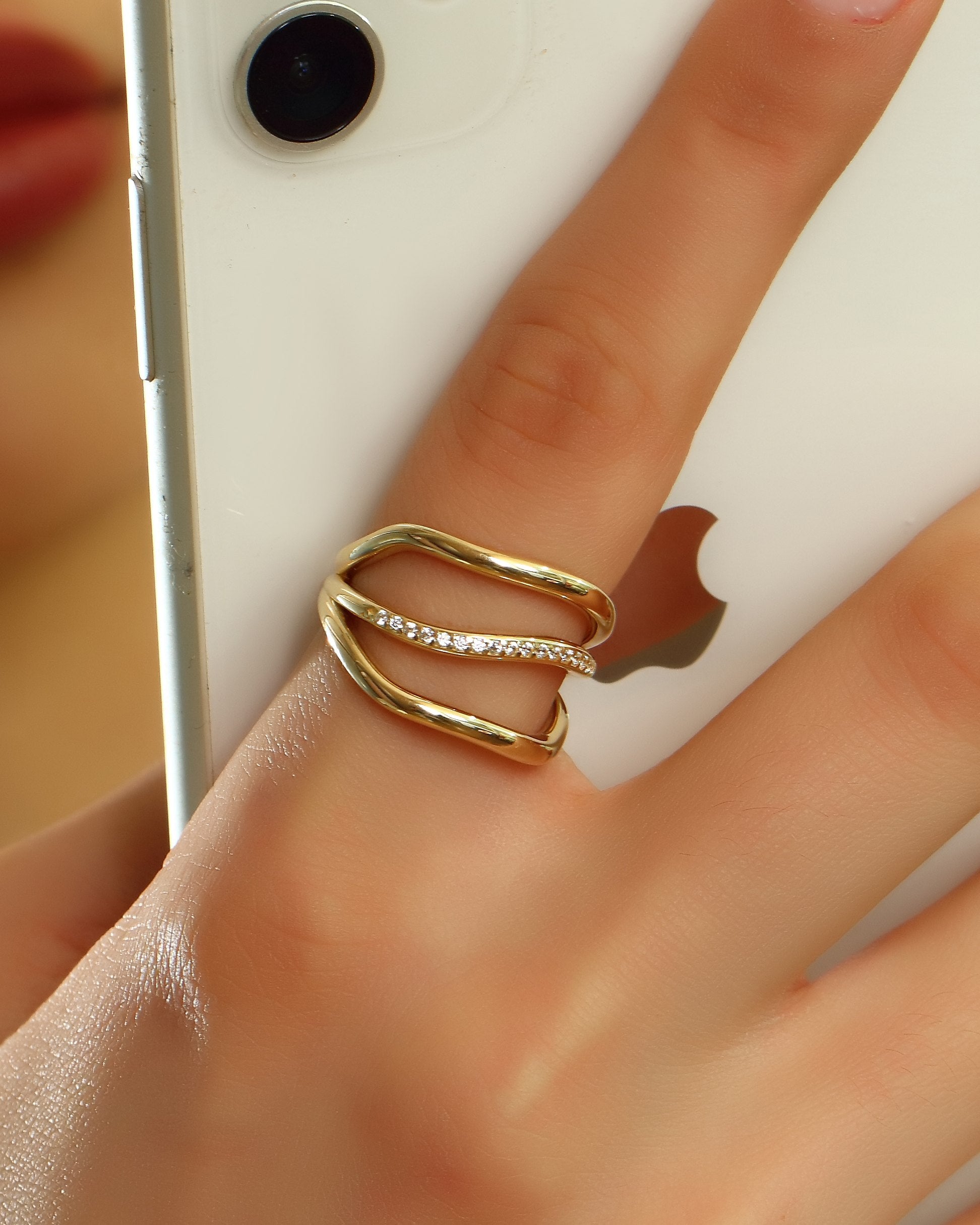 VIECLAT Solid Yellow Gold Diamond Three Band Wave Ring Finger Closeup
