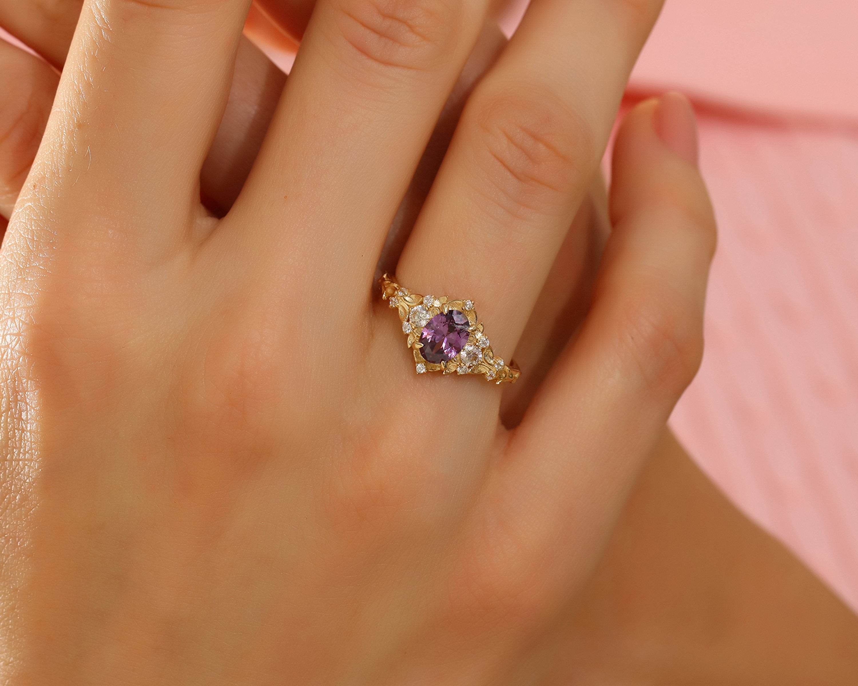 VIECLAT Solid Yellow Gold Amethyst Vintage Ring On Hand