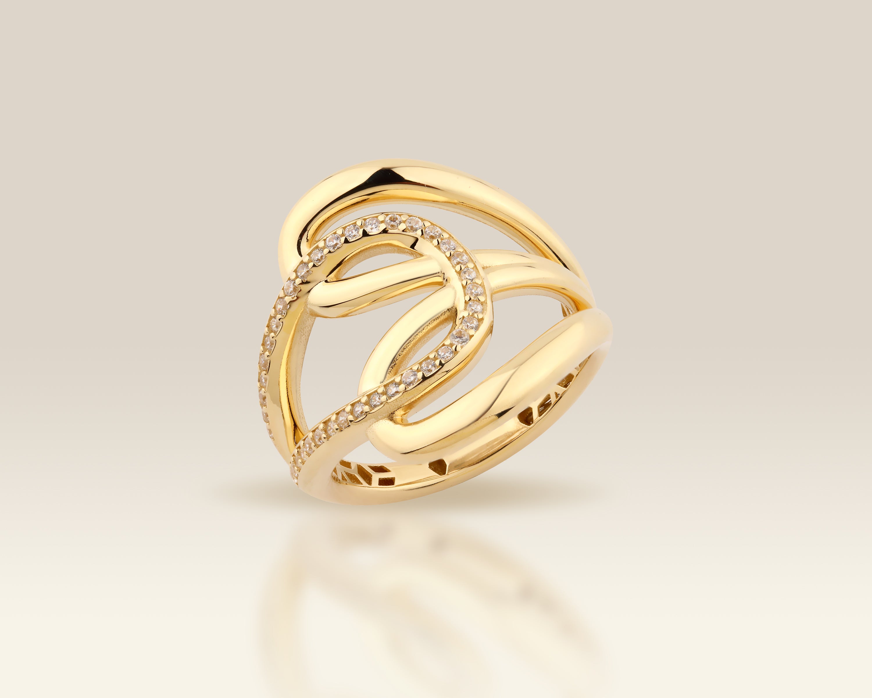Pavé Triple Loop Solid Gold Ring with CZ