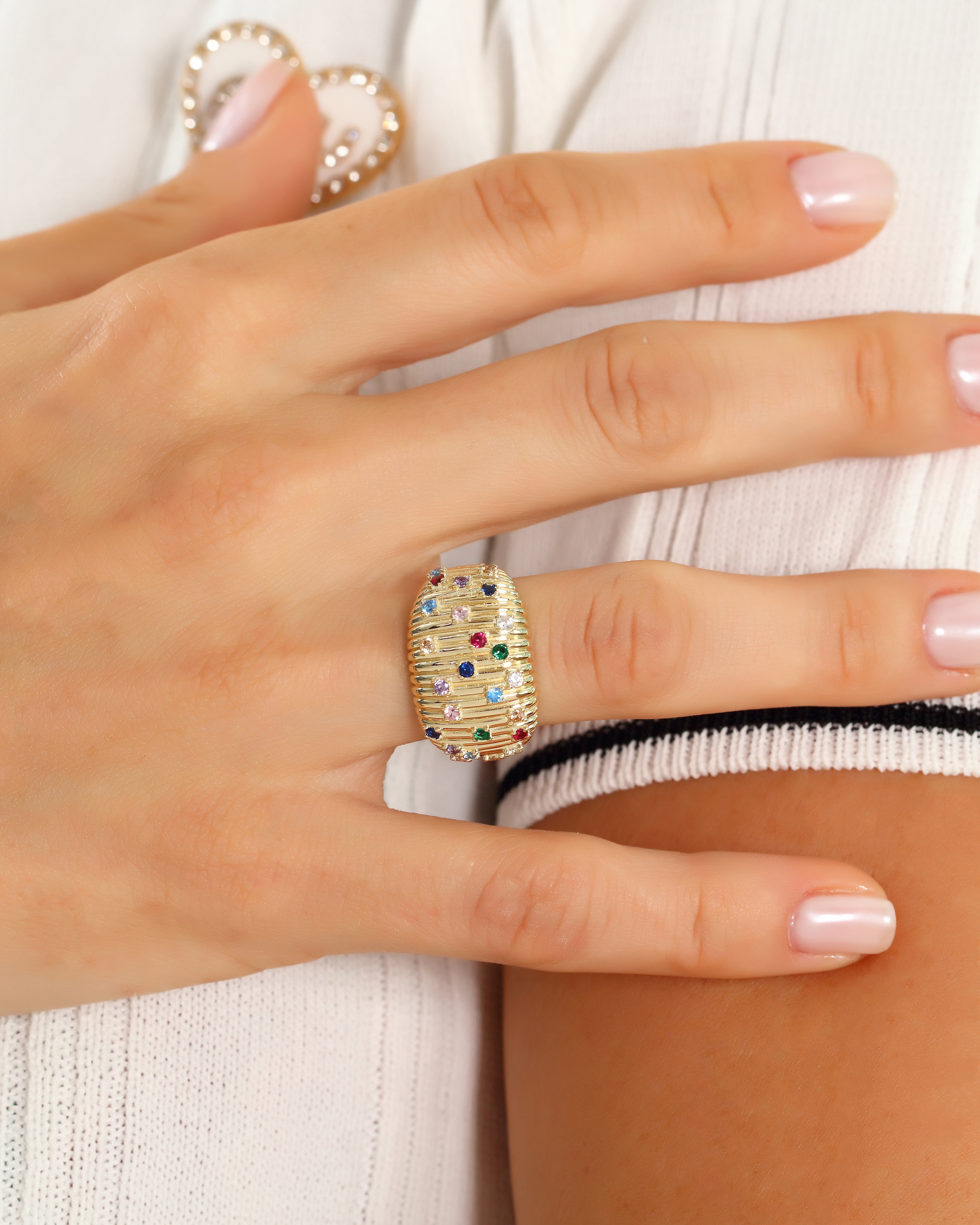 Rainbow Ribbed Birthstone Dome Ring