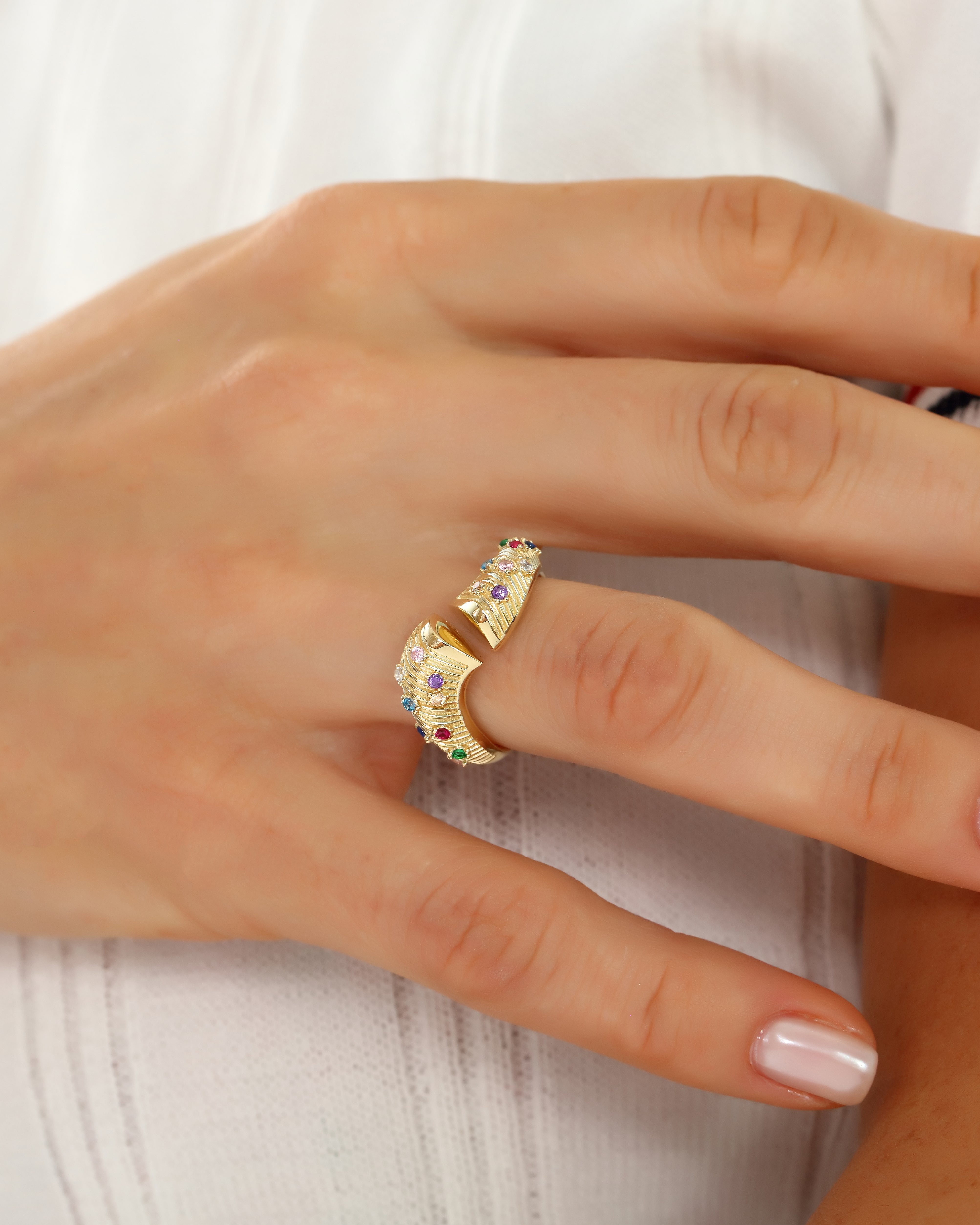 Wavy Multicolor Gemstone Statement Ring in Solid Gold