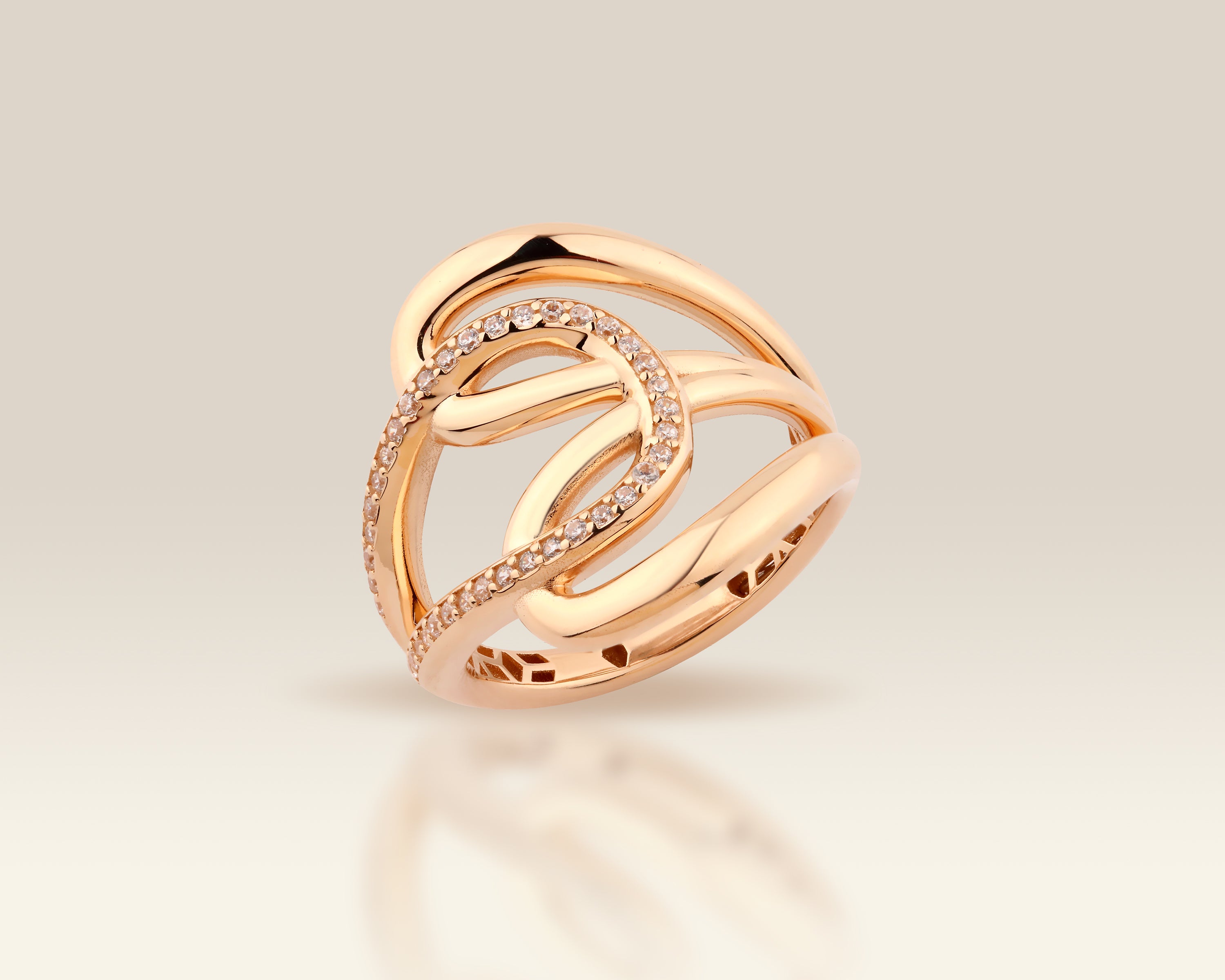 Pavé Triple Loop Solid Gold Ring with CZ