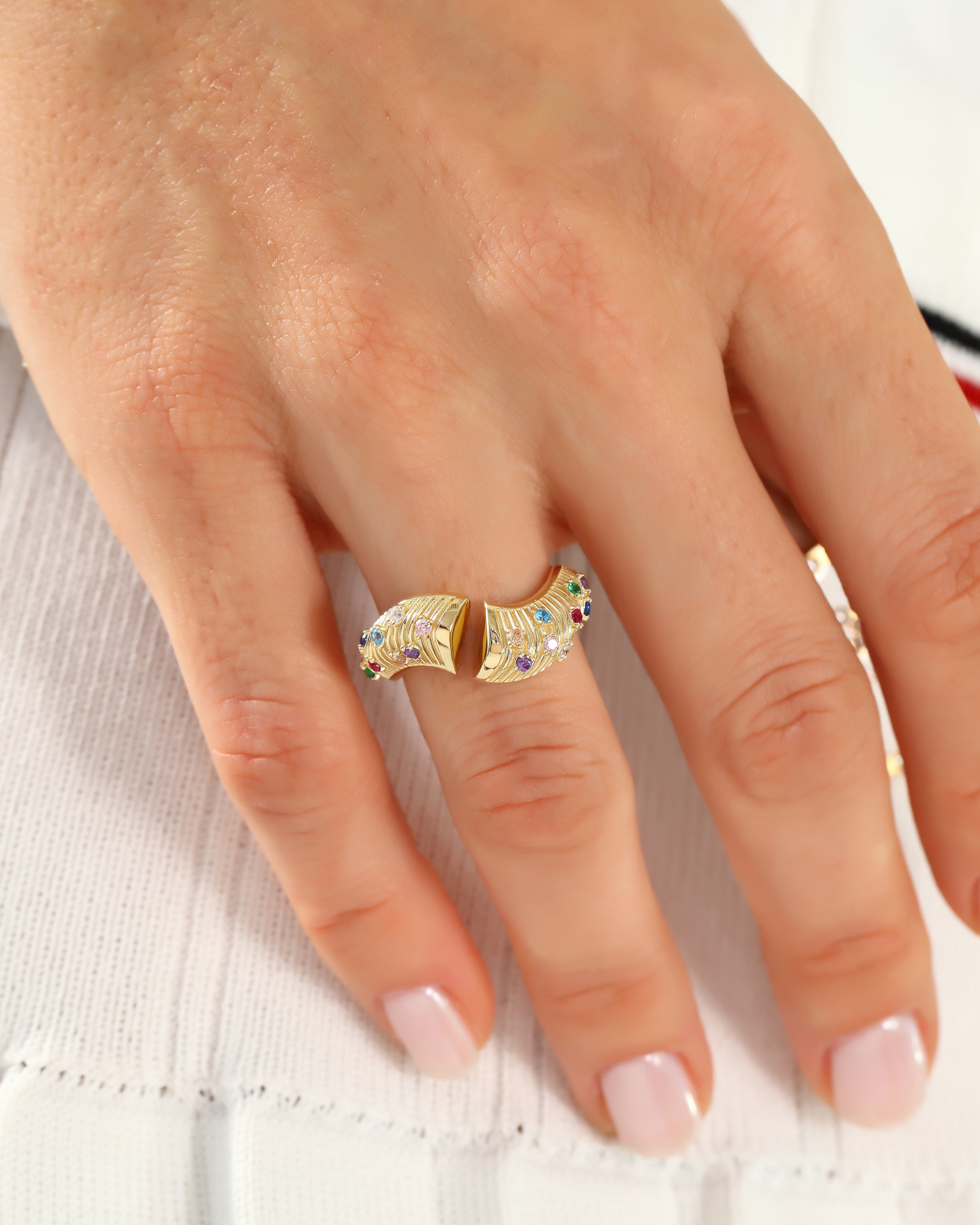 Wavy Multicolor Gemstone Statement Ring in Solid Gold