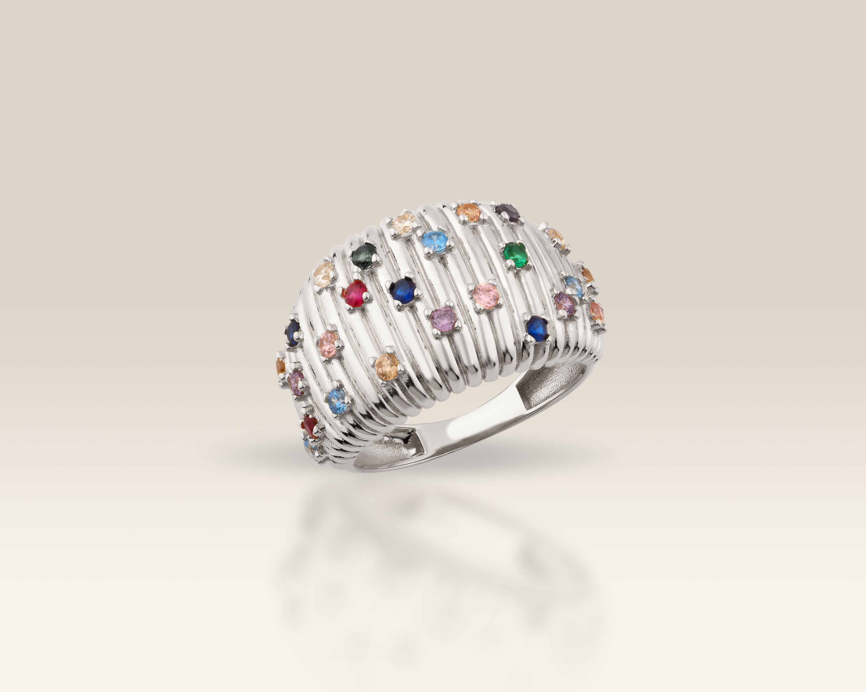 Rainbow Ribbed Birthstone Dome Ring