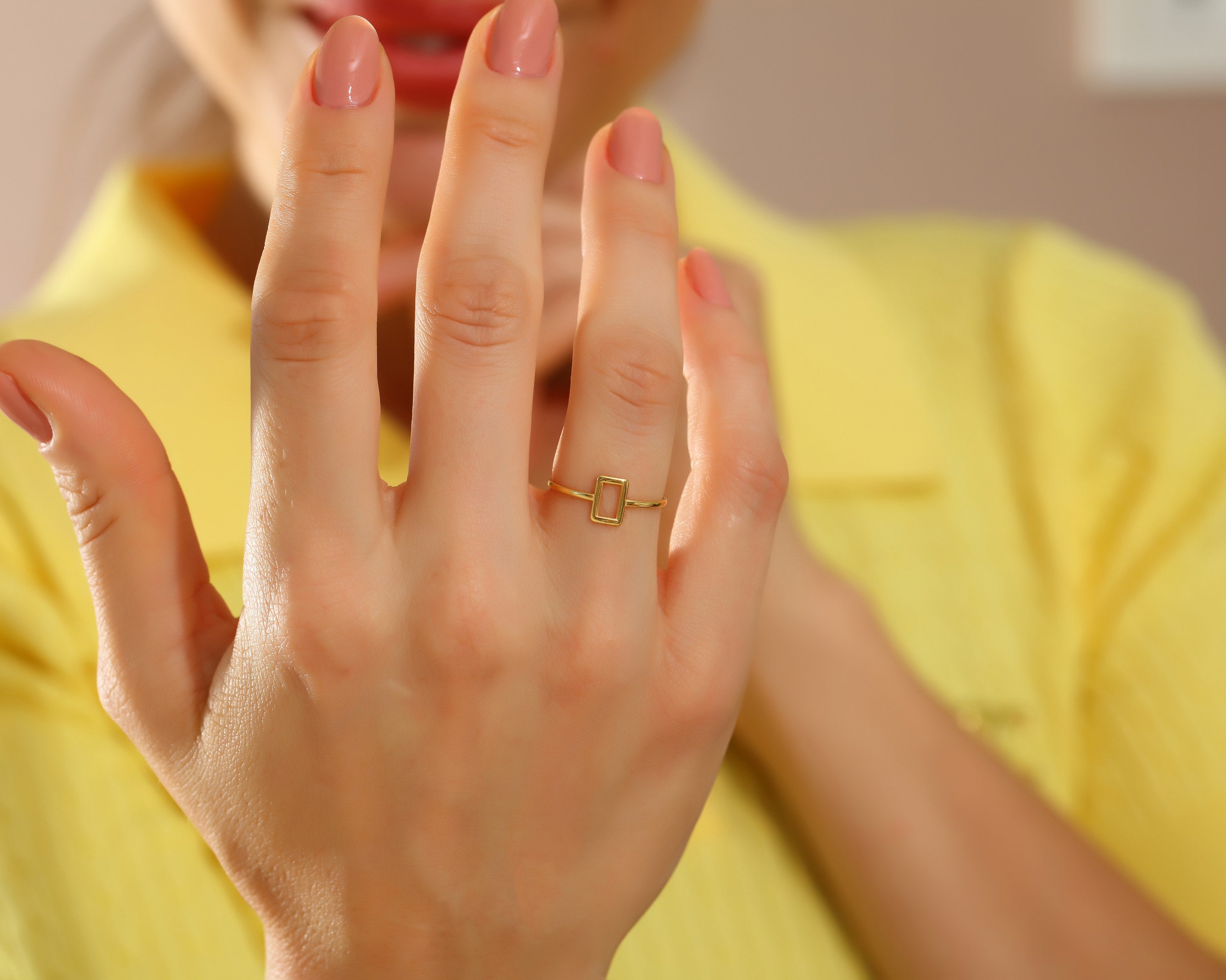 VIECLAT Solid Yellow Gold Open Rectangle Minimalist Ring