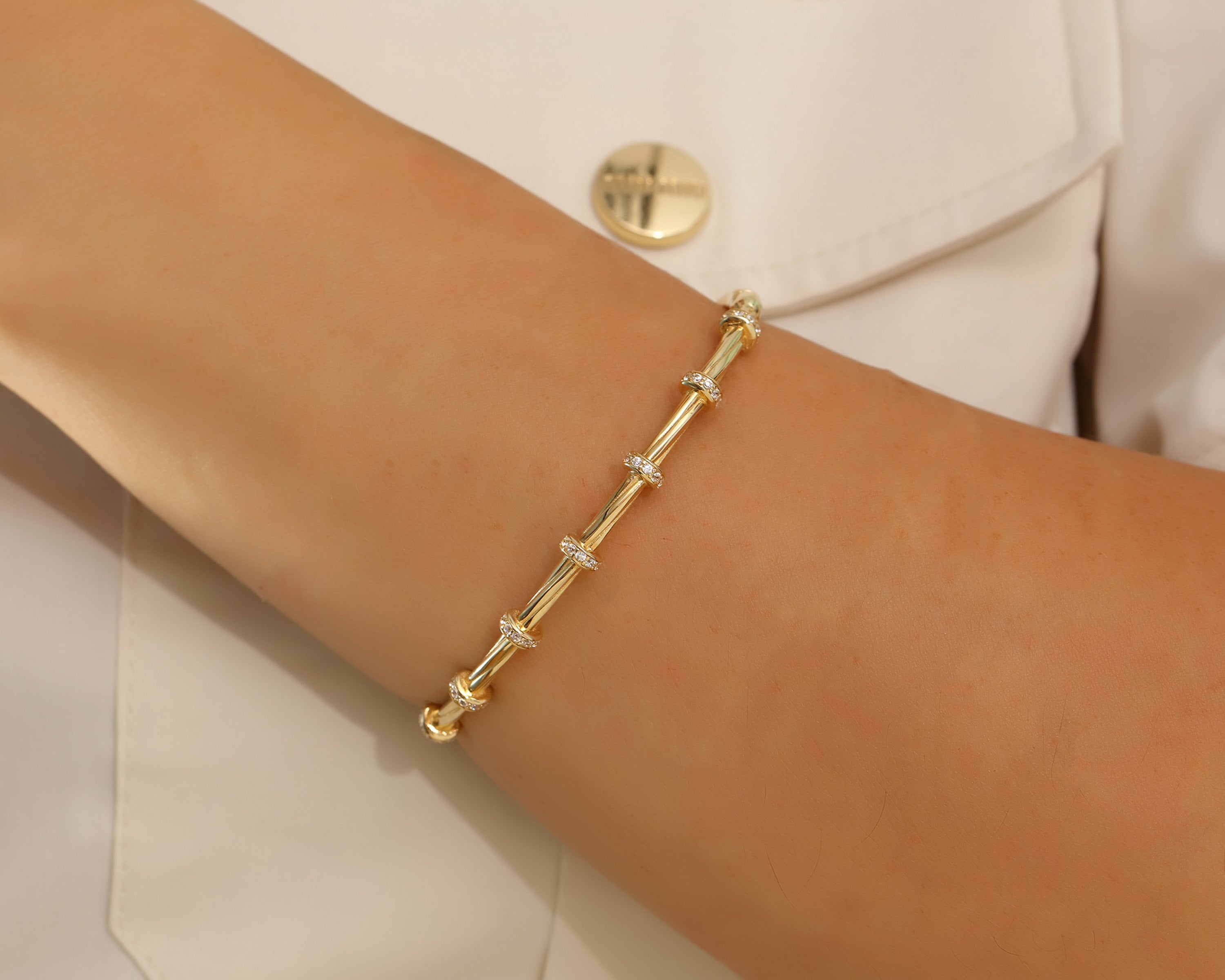 VIECLAT Solid Yellow Gold Diamond Station Bangle Bracelet
