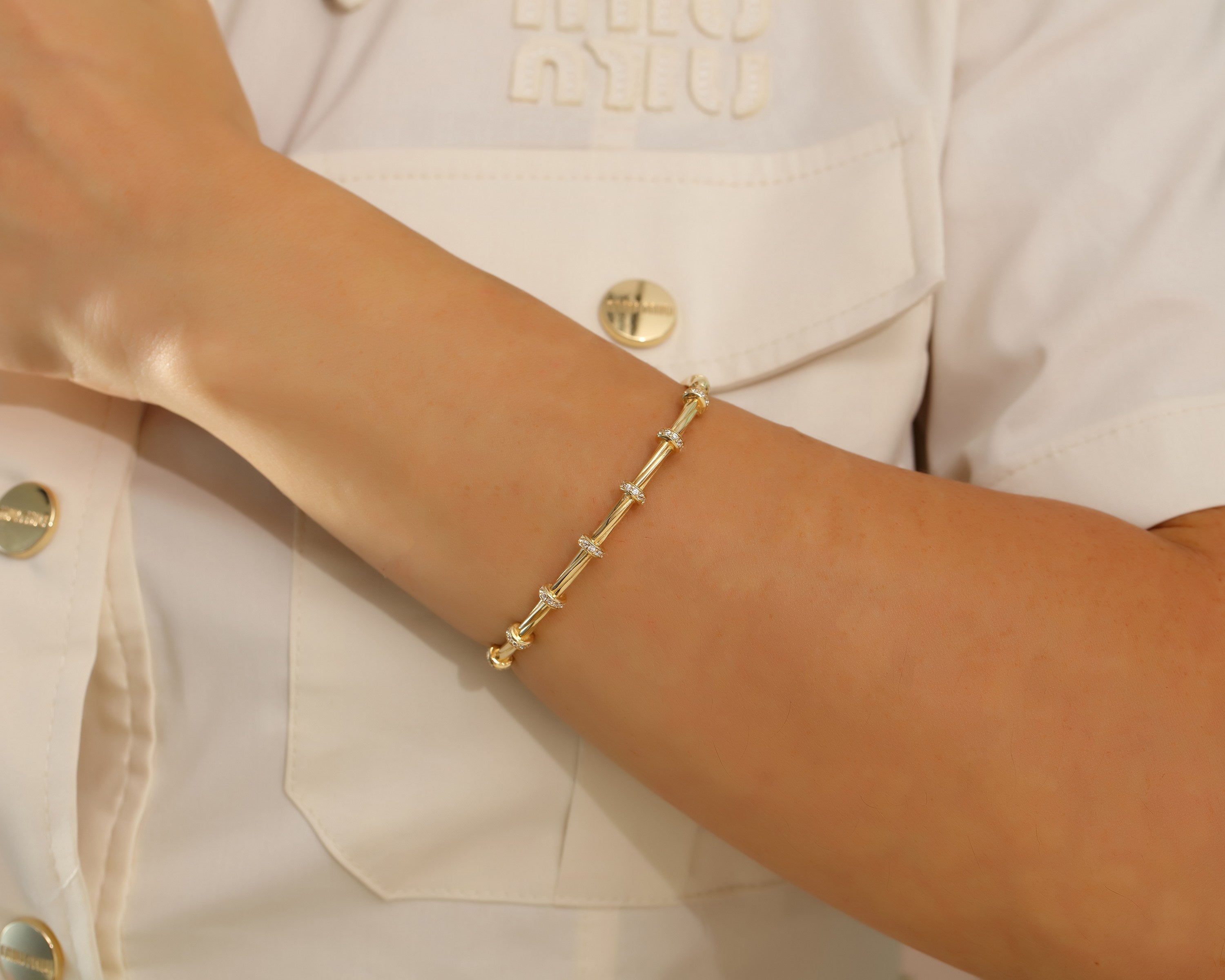 VIECLAT Solid Yellow Gold Diamond Station Bangle Bracelet