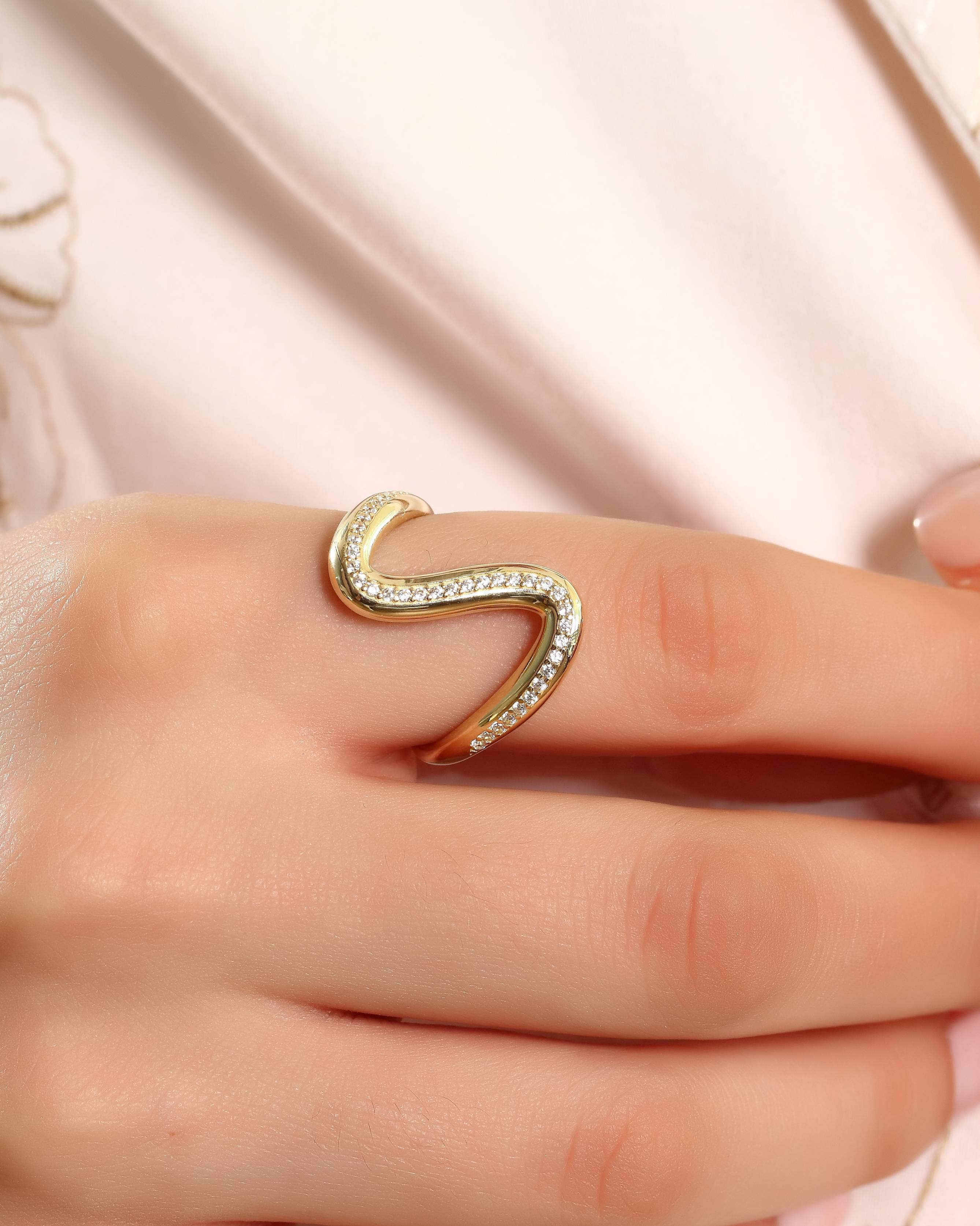 VIECLAT Solid Yellow Gold Pavé Wave Ring On Hand