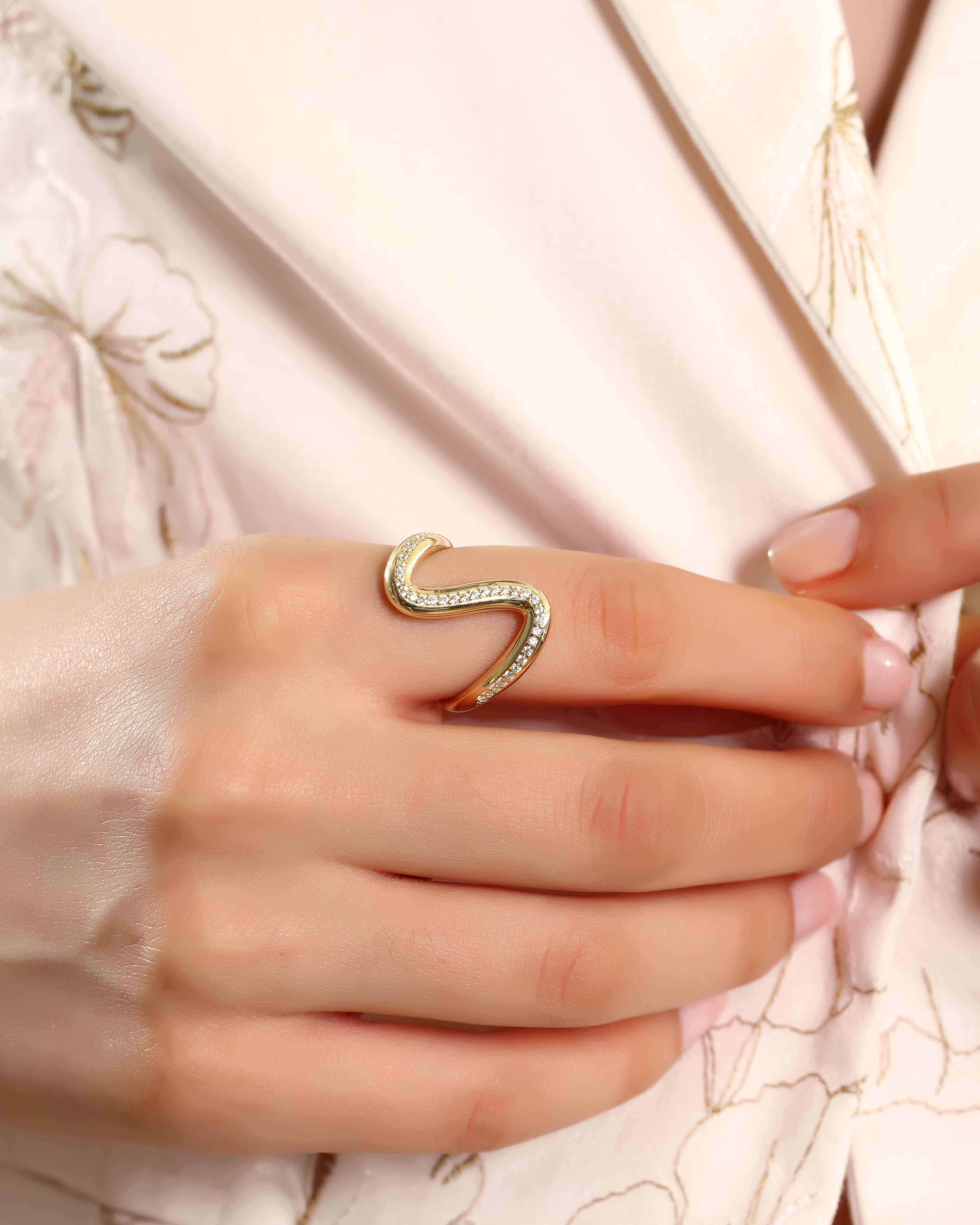 VIECLAT Solid Yellow Gold Pavé Wave Ring On Hand