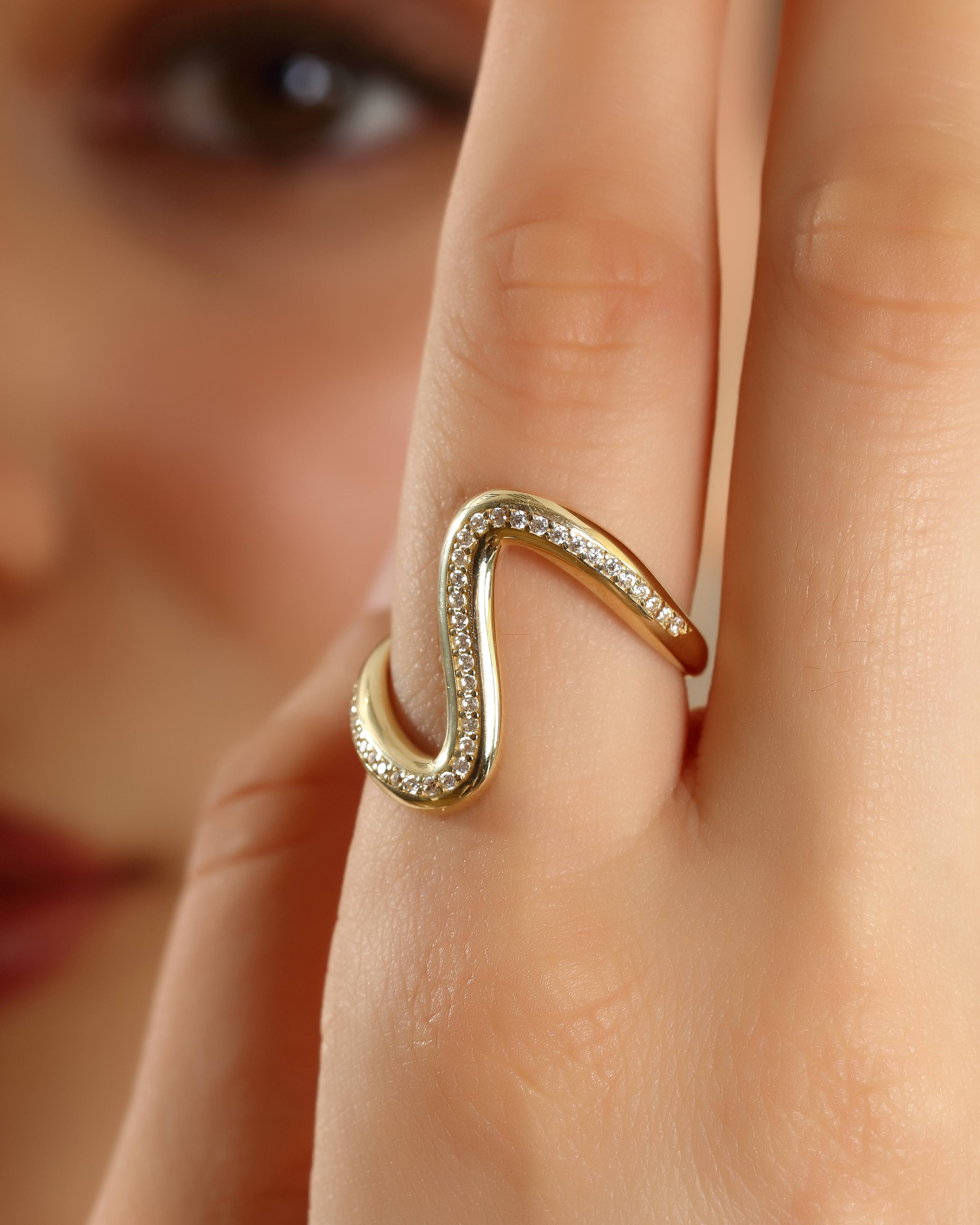 VIECLAT Solid Yellow Gold Pavé Wave Ring On Hand