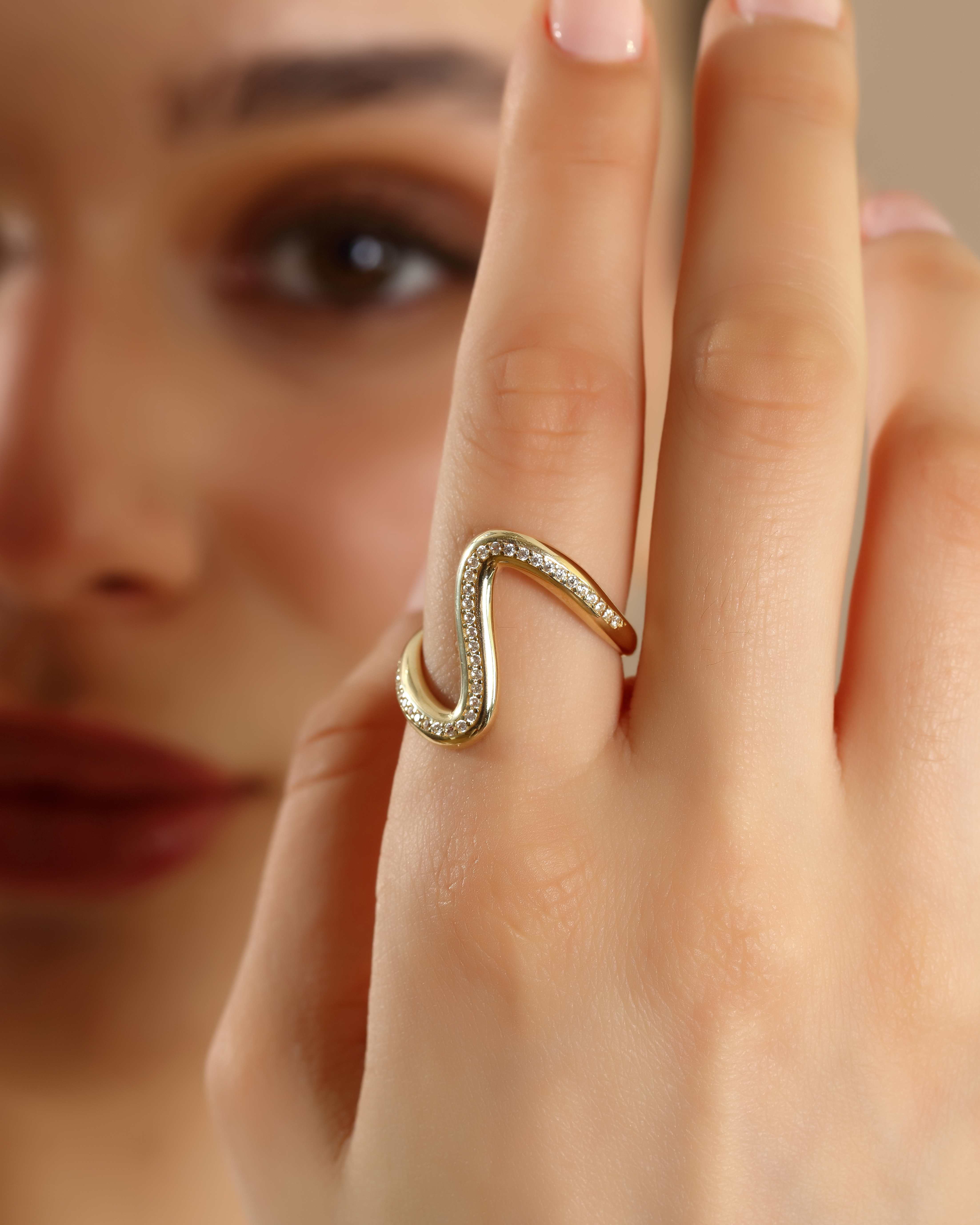 VIECLAT Solid Yellow Gold Pavé Wave Ring On Hand