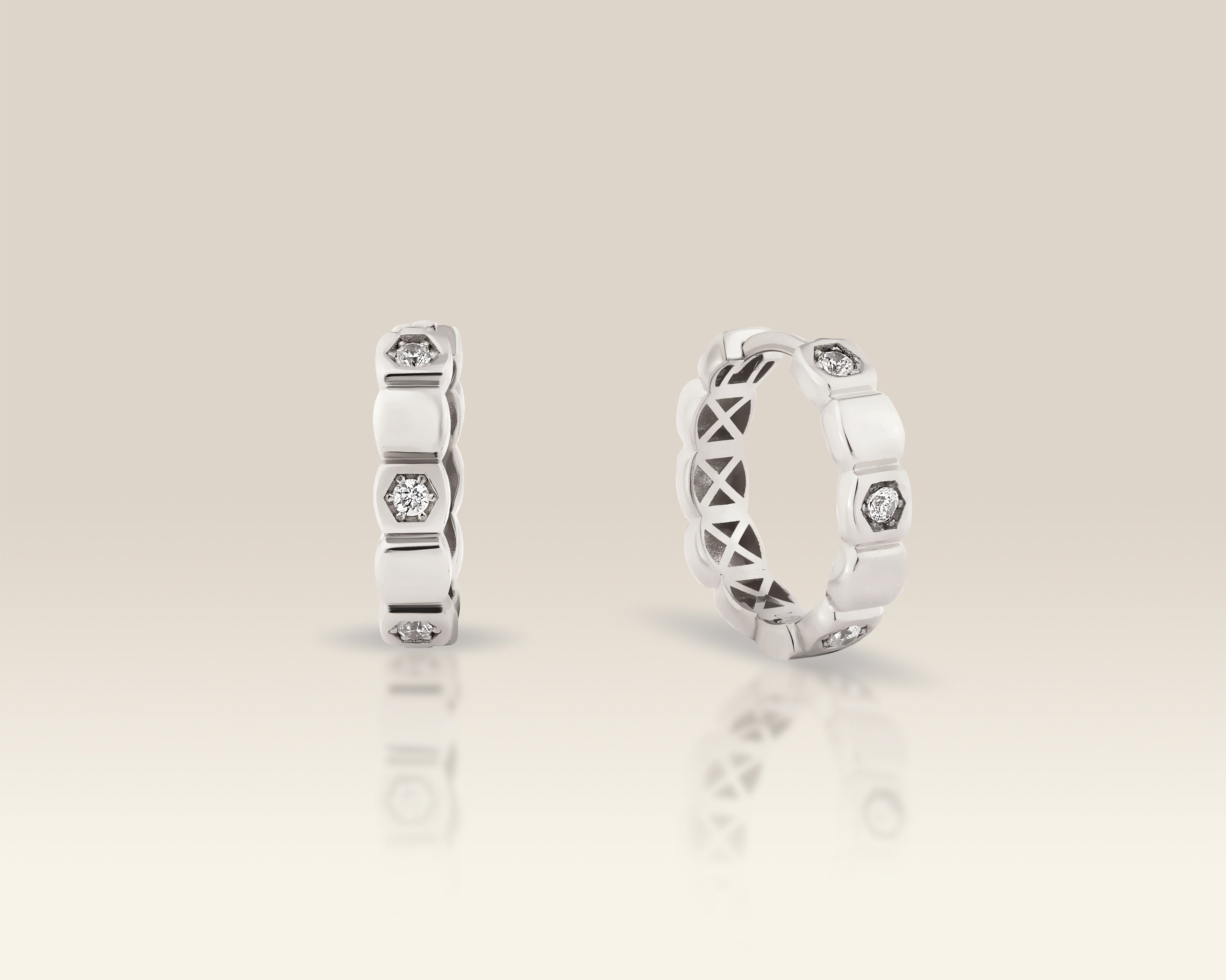 VIECLAT Solid White Gold Diamond Hexagon Huggie Hoop Earrings