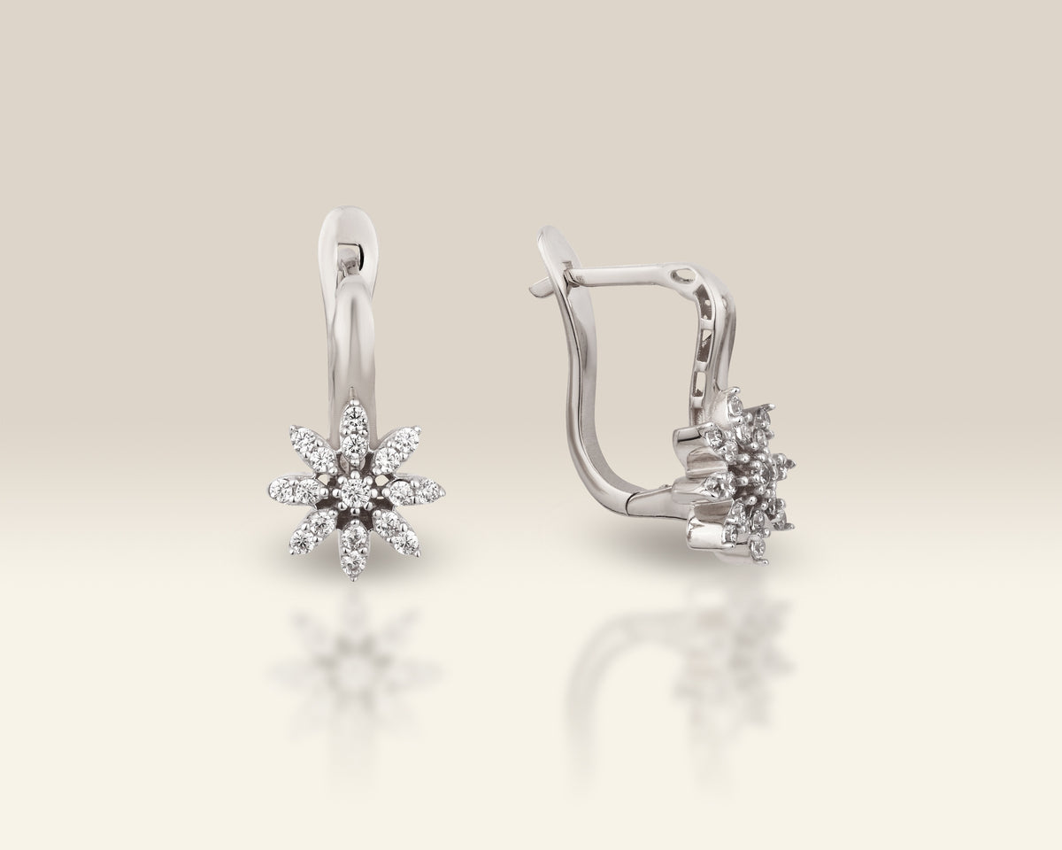 VIECLAT Solid White Gold Diamond Flower Leverback Earrings