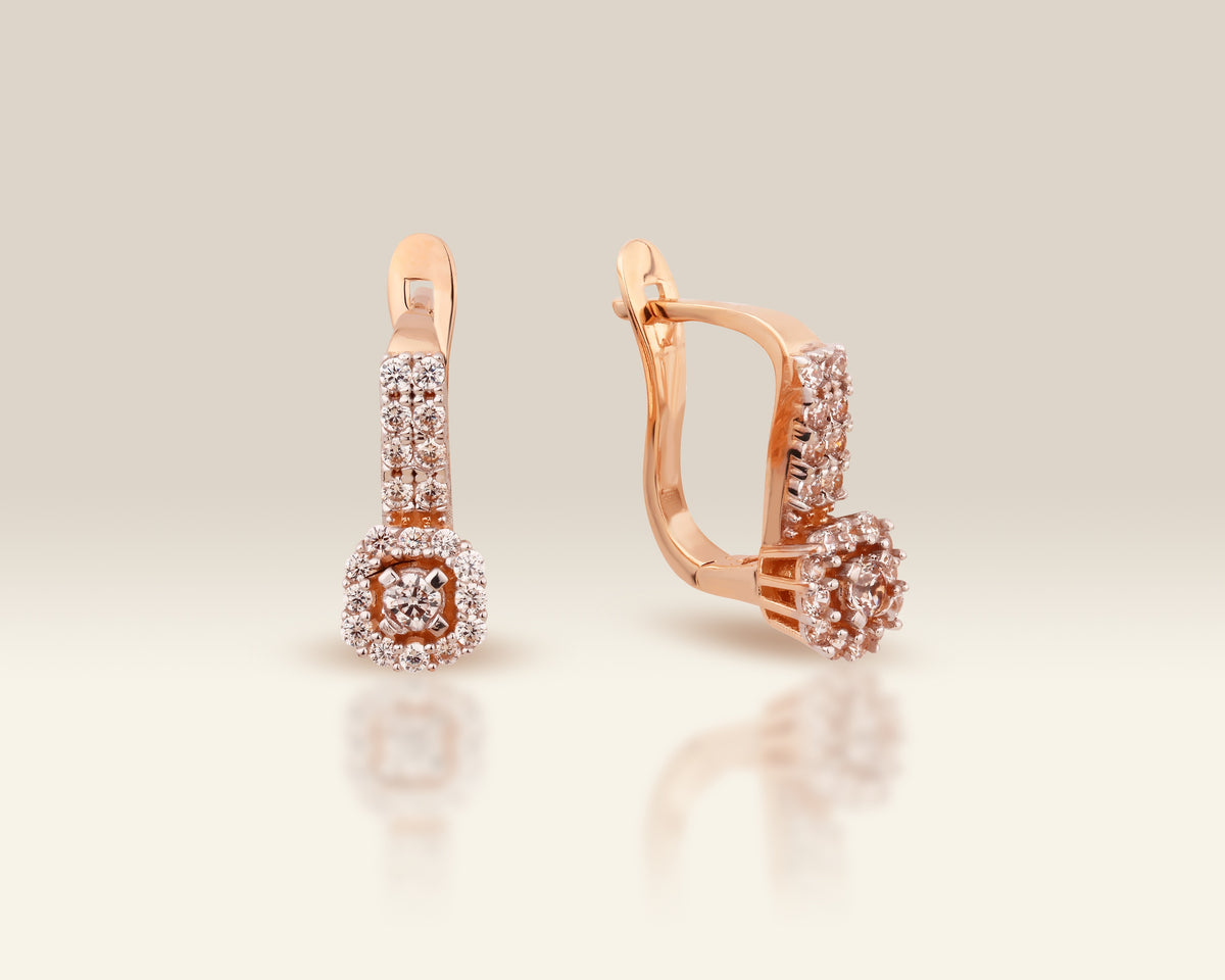 VIECLAT Solid Rose Gold Diamond Halo Drop Leverback Earrings