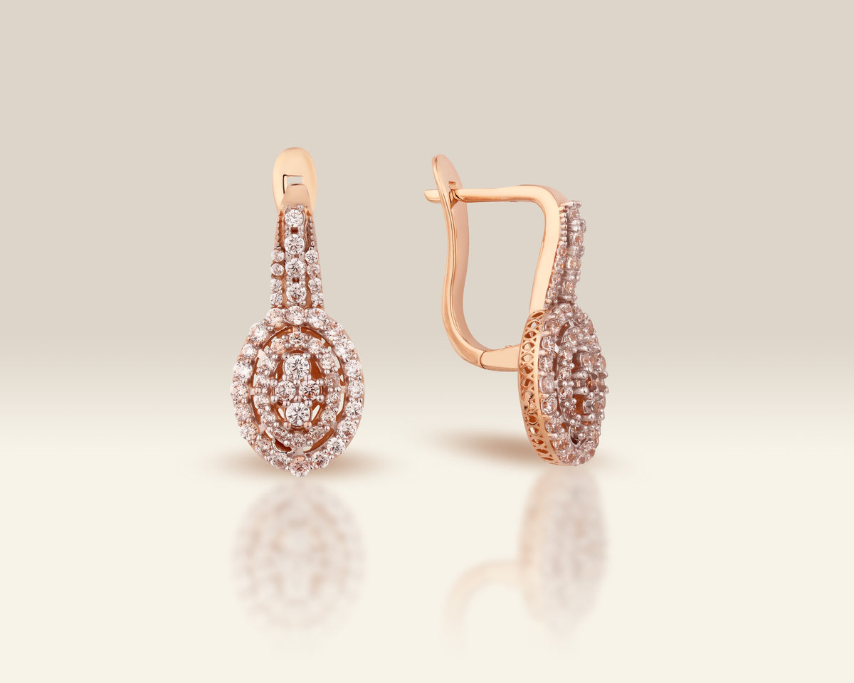 VIECLAT Solid Rose Gold Diamond Oval Halo Drop Earrings