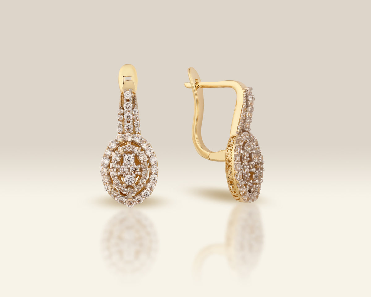 VIECLAT Solid Yellow Gold Diamond Oval Halo Drop Earrings