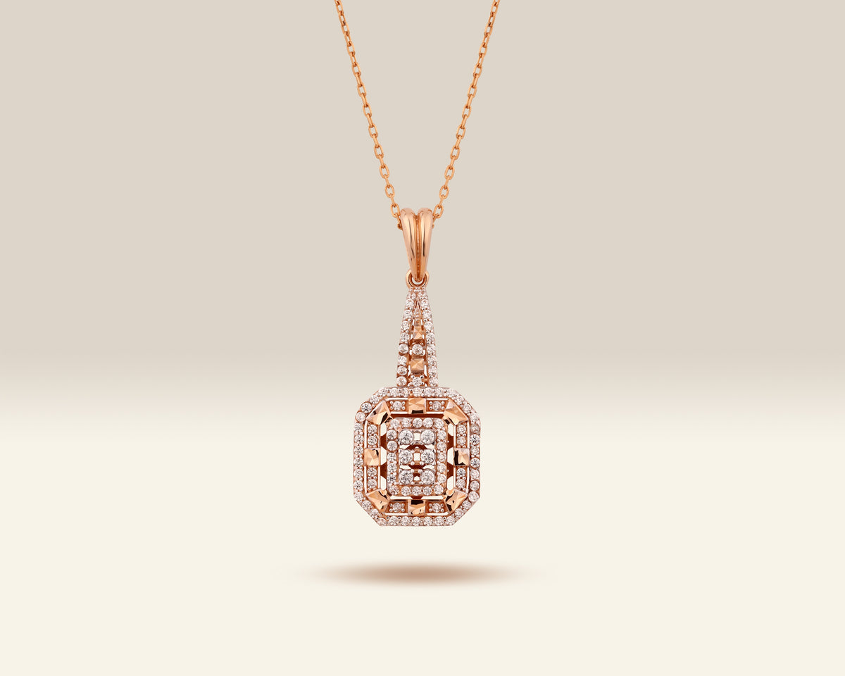 VIECLAT Solid Rose Gold Diamond Halo Octagon Pendant Necklace