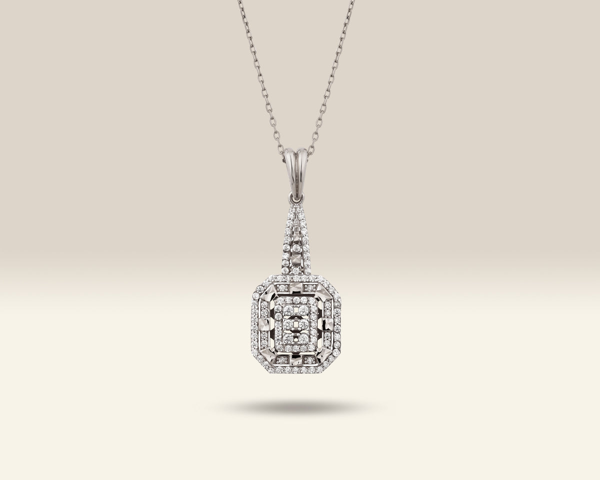 VIECLAT Solid White Gold Diamond Halo Octagon Pendant Necklace
